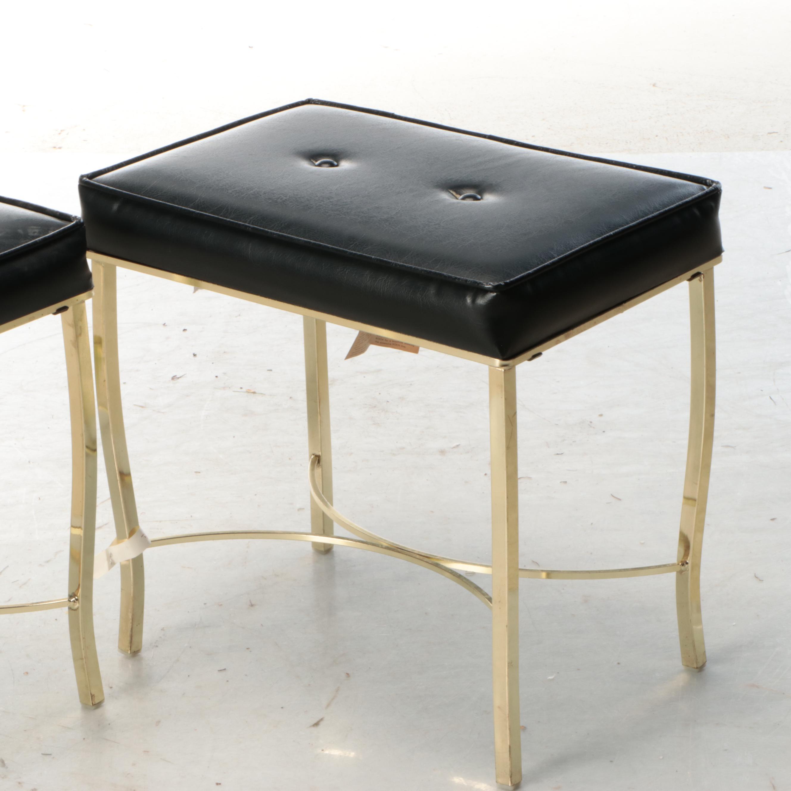 Pair of Koch Mid Century Modern Style Brass and Faux Leather Stools