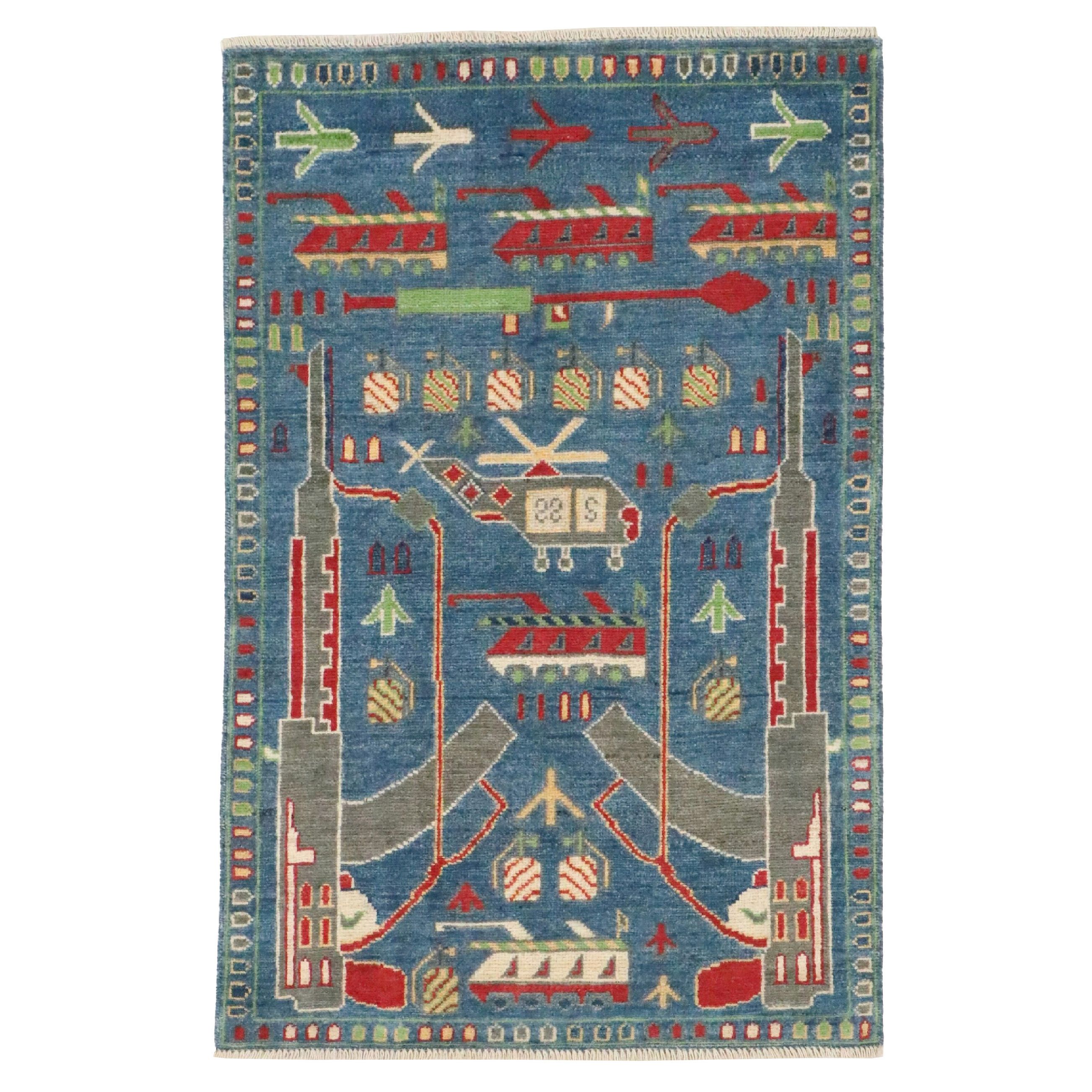 2'8 x 4'2 Hand-Knotted Afghan Pictorial War Accent Rug