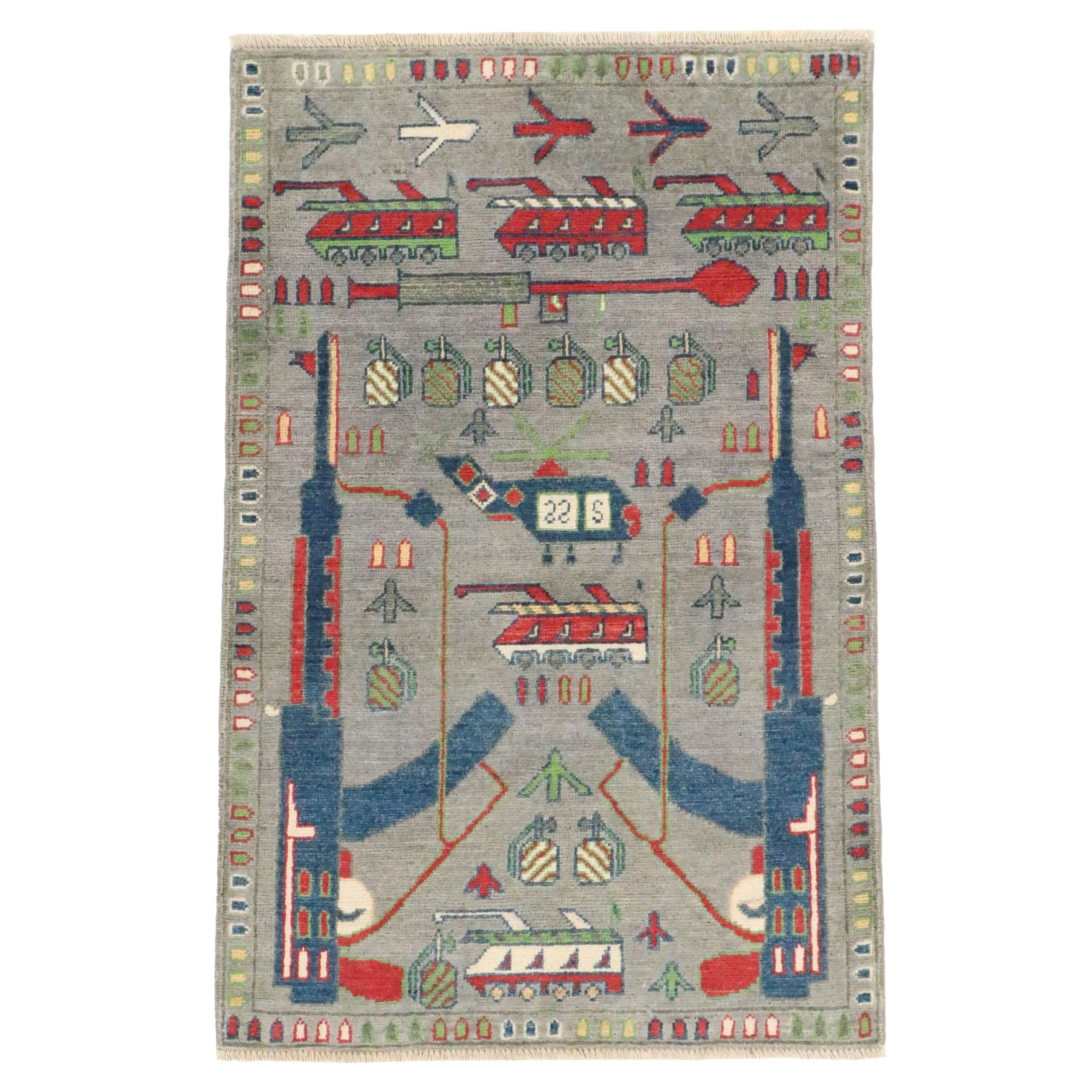 2'9 x 4'3 Hand-Knotted Afghan Pictorial War Accent Rug