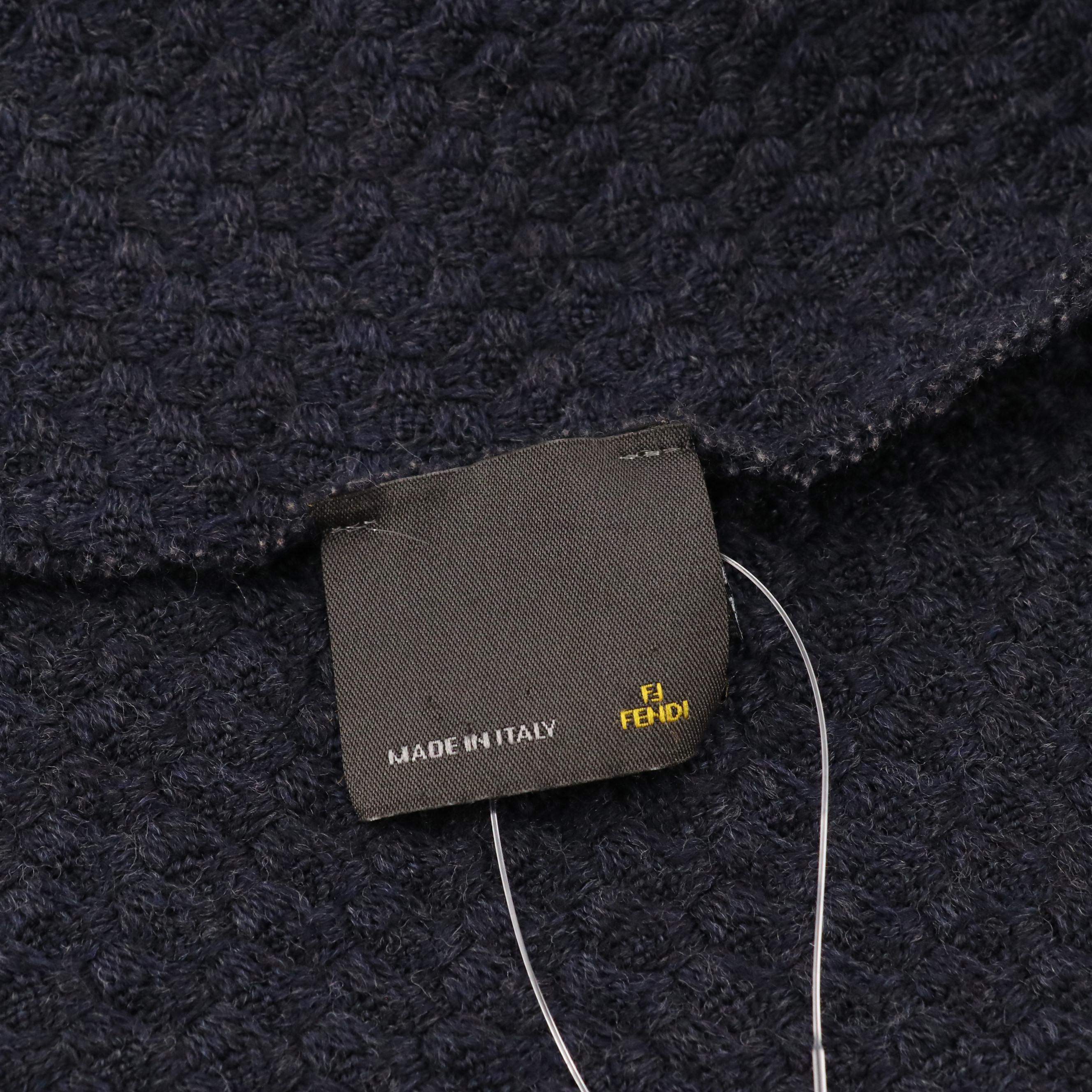 Fendi Navy Blue Wool Fringe Scarf