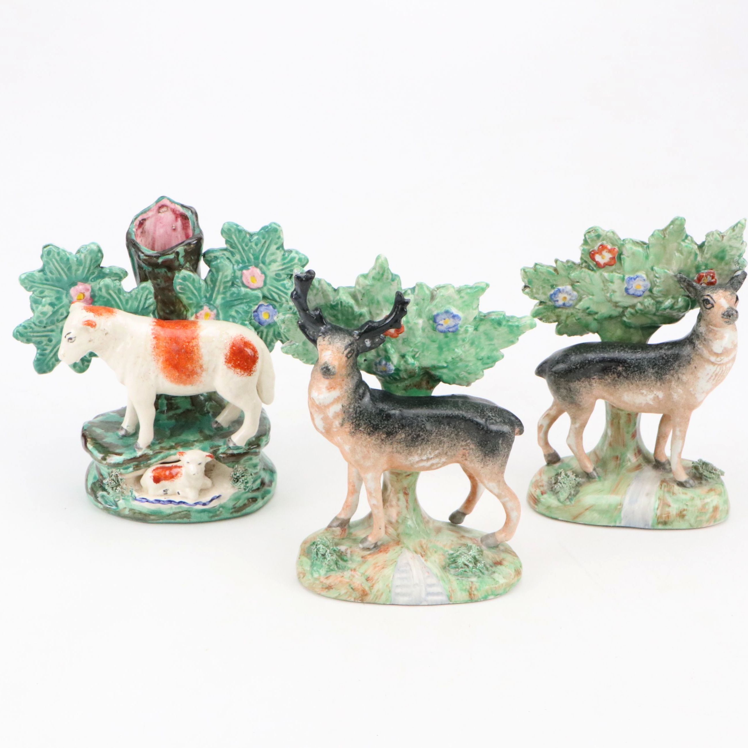 Pair of Staffordshire Black and Tan Deer Figurines and Cow and Calf Spill Vase