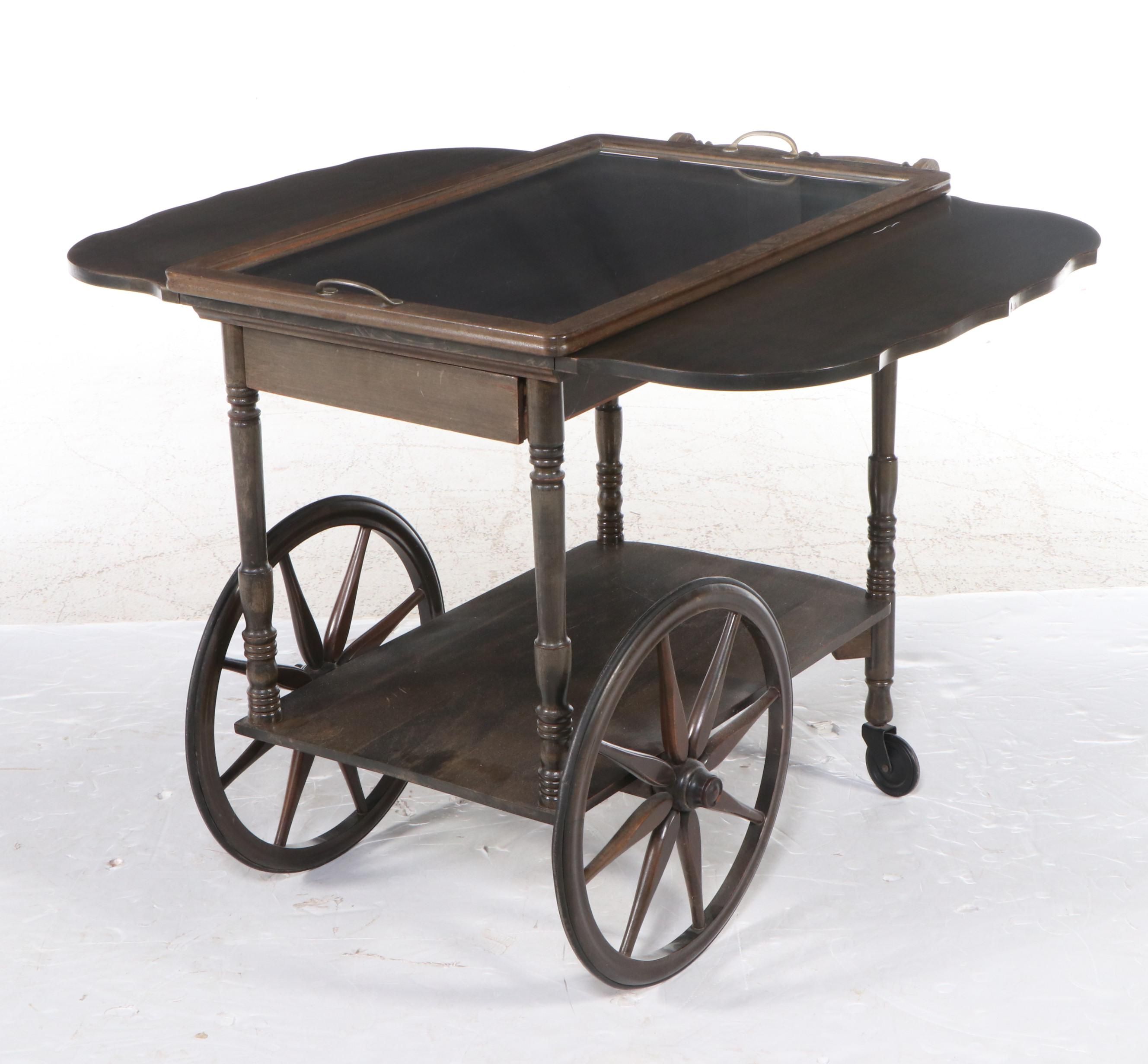 Wood Drop-Leaf Tray-Top Serving Cart, Late 20th Century