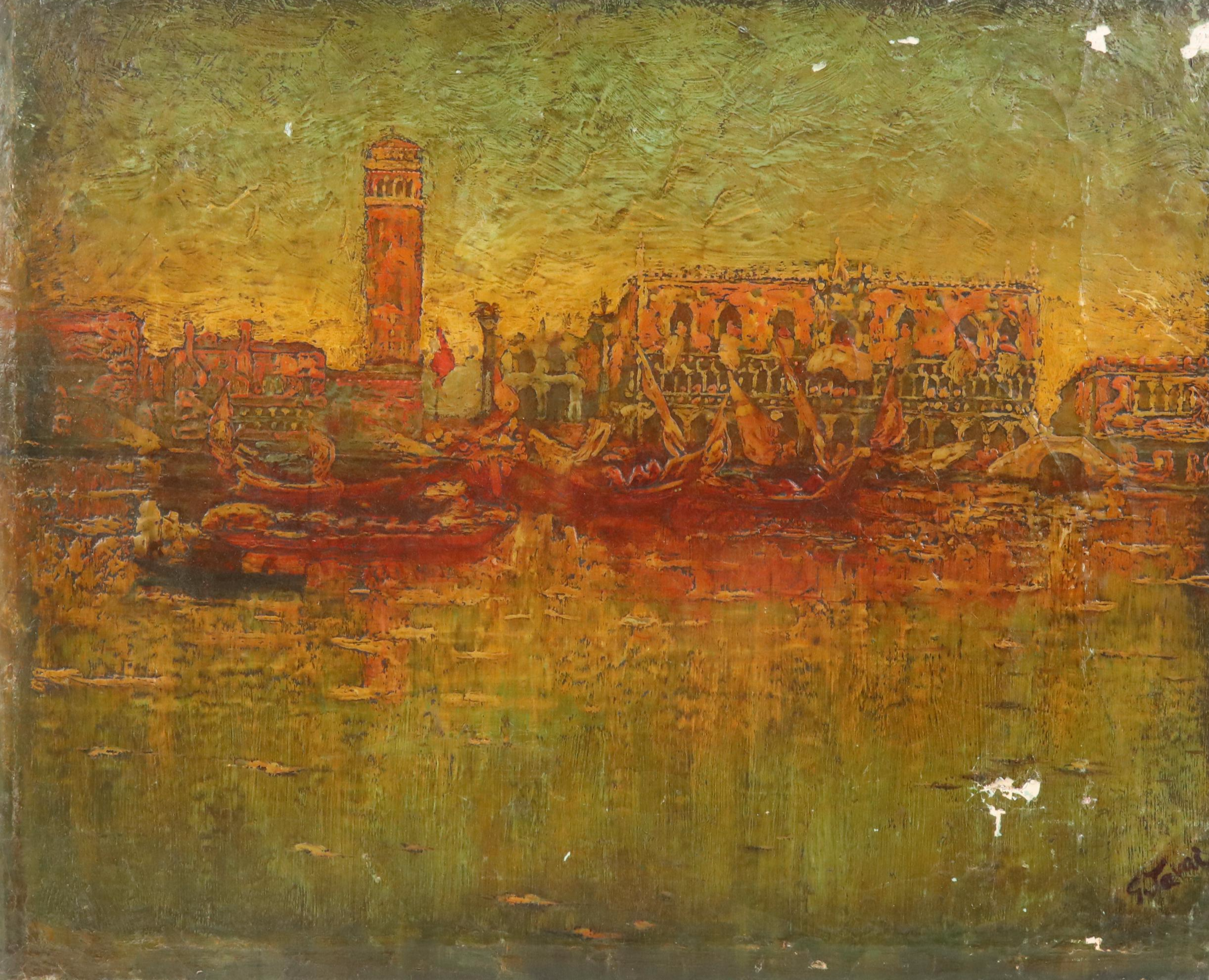 Venetian Canal Scene Mixed Media Painting