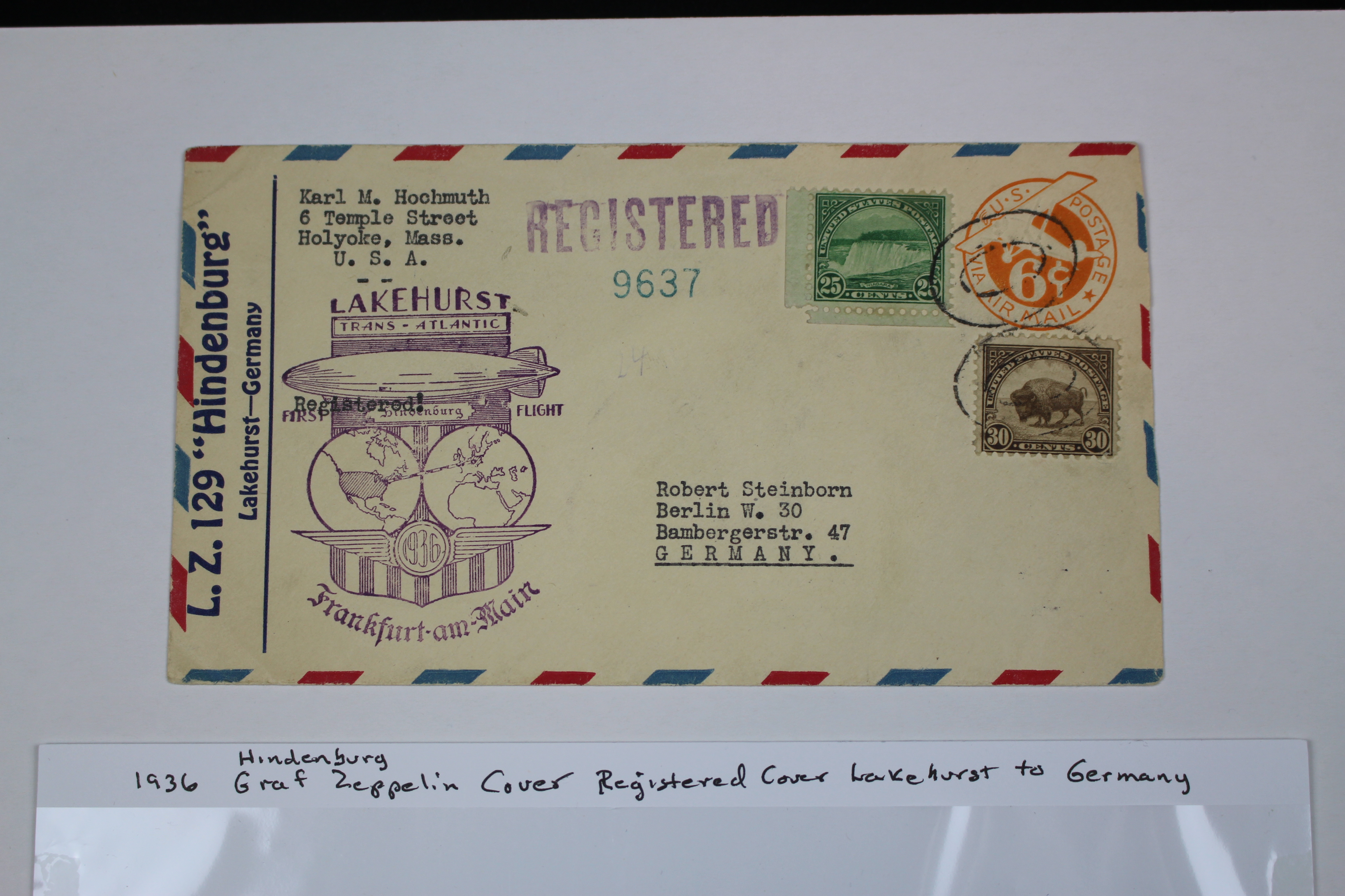 1936 Hindenburg Graf Zeppelin Postal Cover, Lakehurst to Germany
