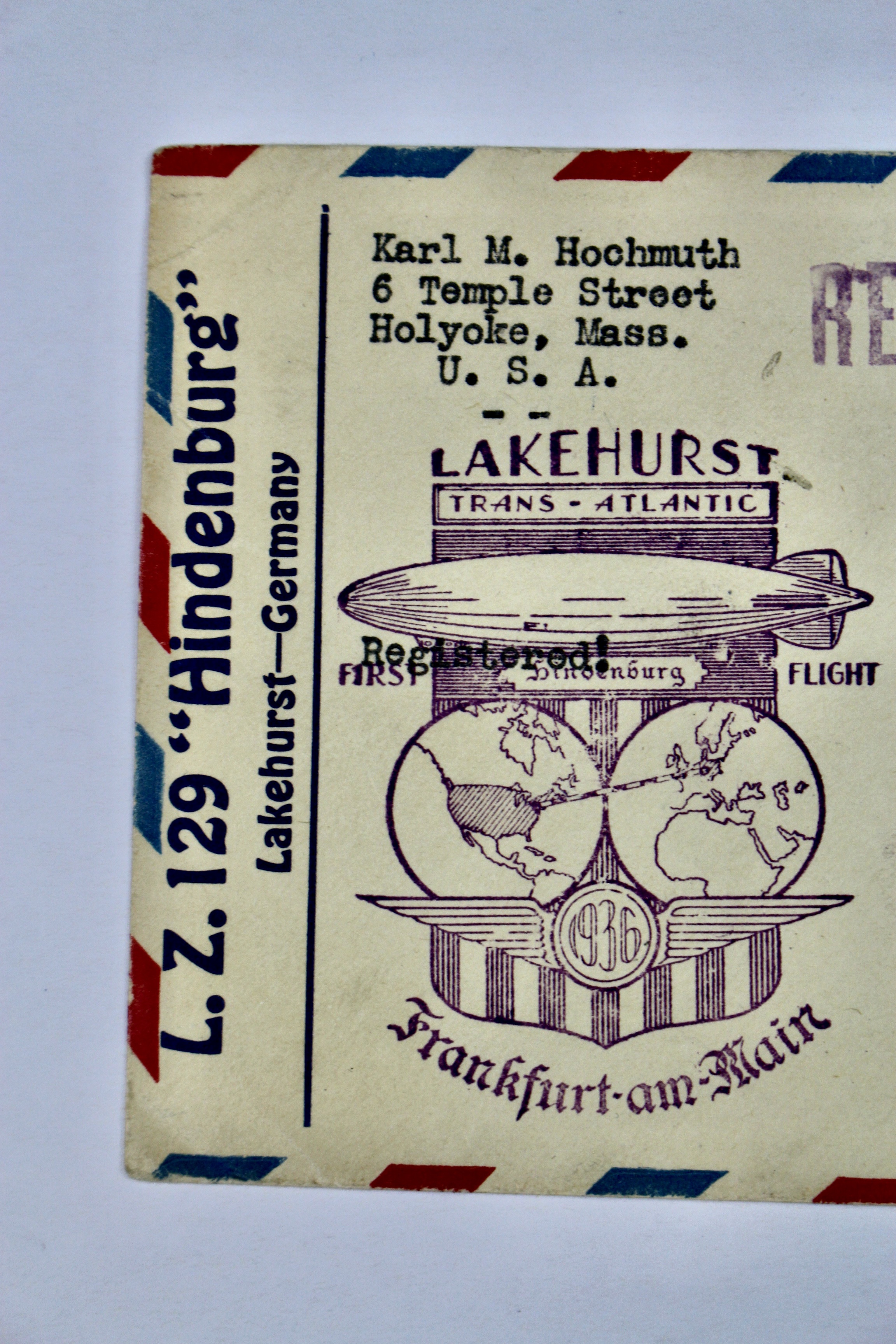 1936 Hindenburg Graf Zeppelin Postal Cover, Lakehurst to Germany