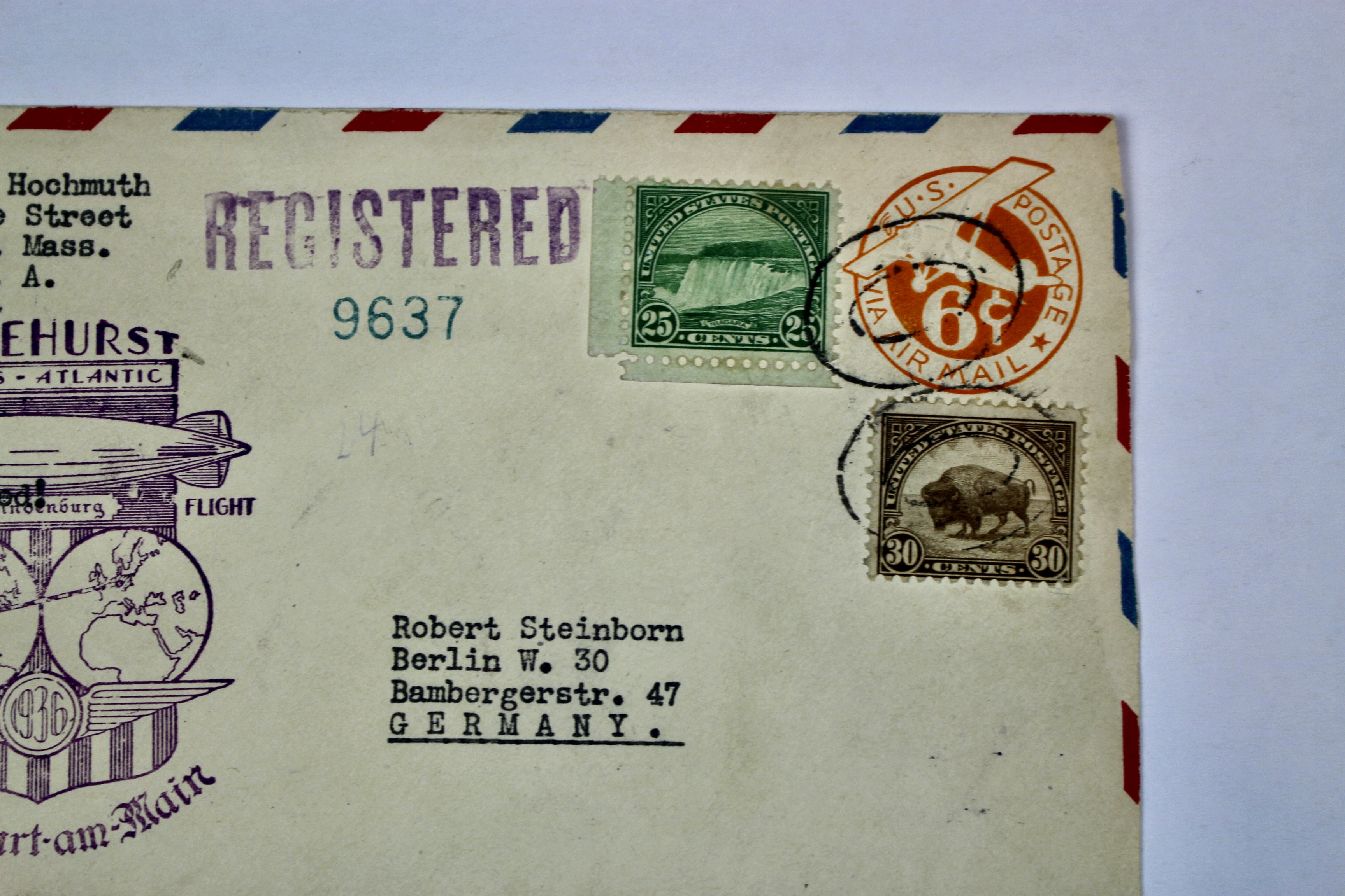 1936 Hindenburg Graf Zeppelin Postal Cover, Lakehurst to Germany