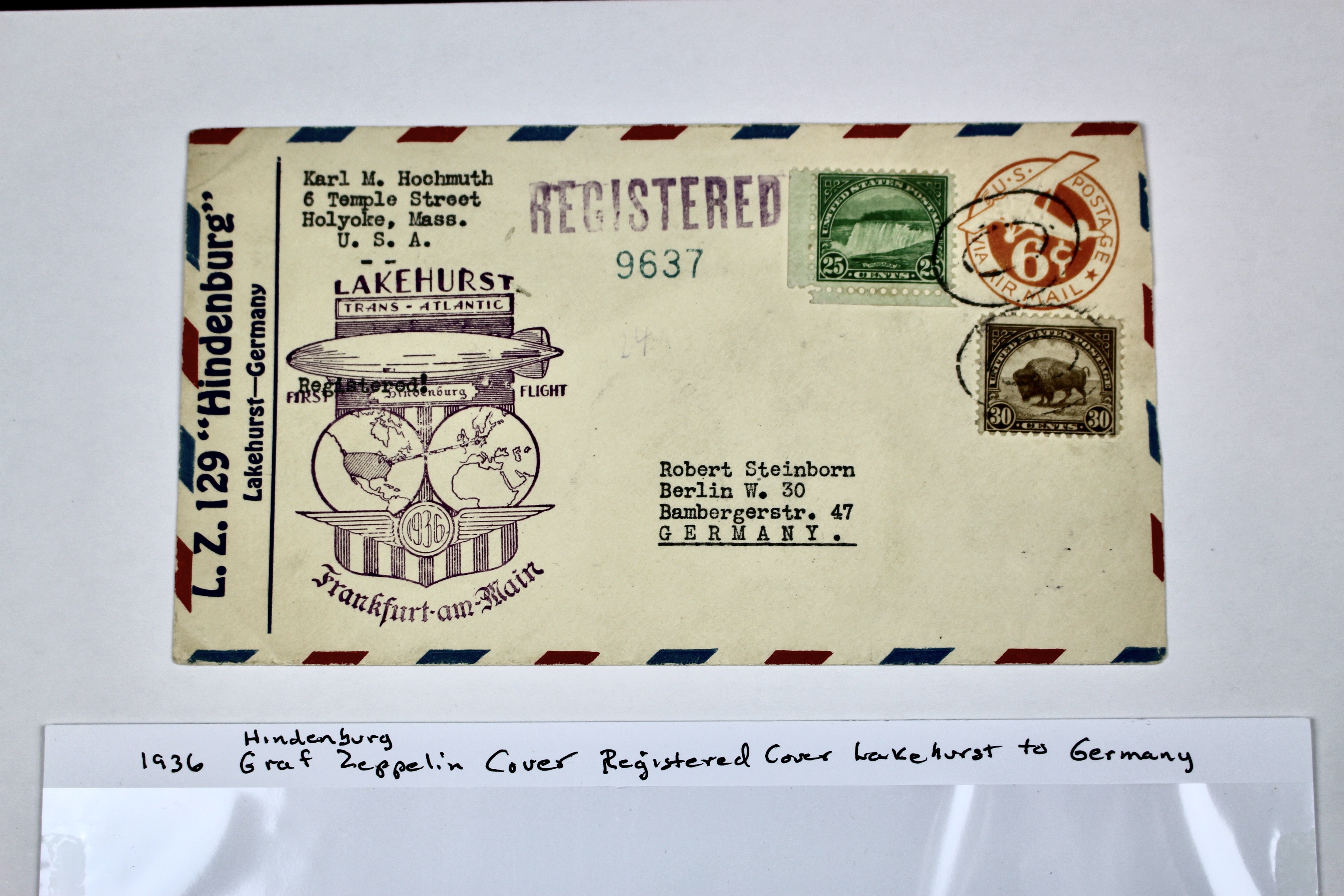 1936 Hindenburg Graf Zeppelin Postal Cover, Lakehurst to Germany