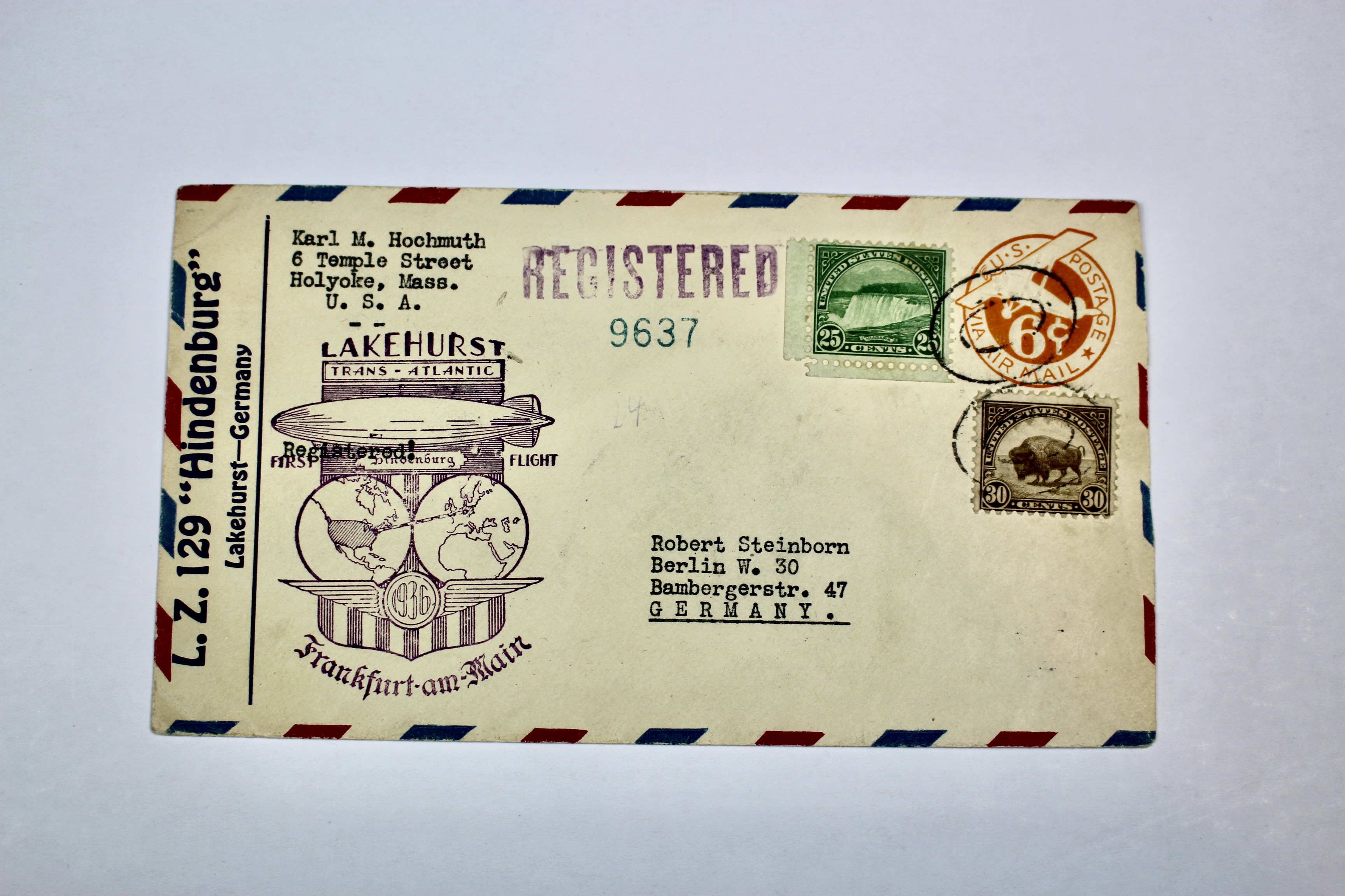 1936 Hindenburg Graf Zeppelin Postal Cover, Lakehurst to Germany
