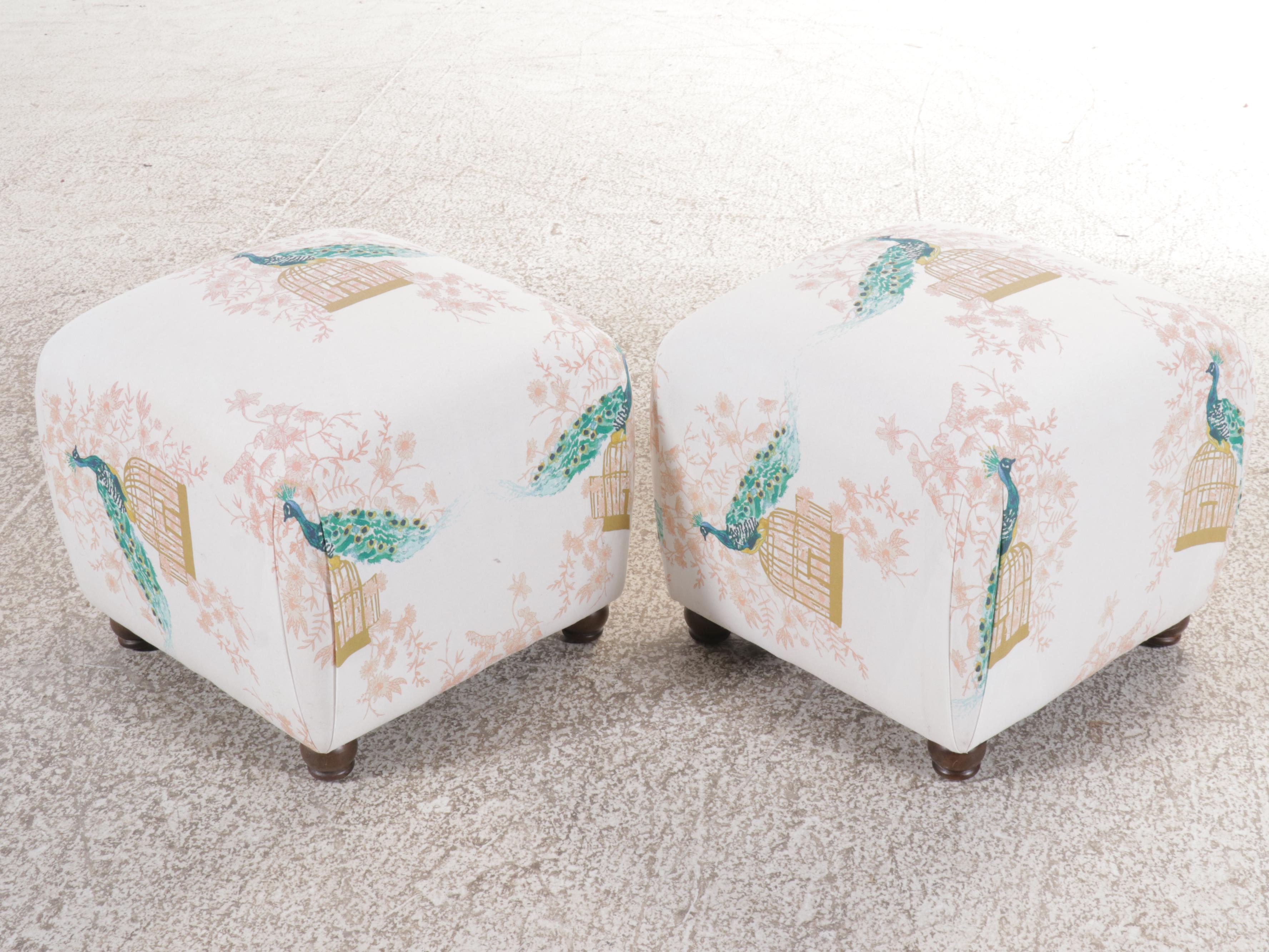 Pair of Skyline Imports Peacock Motif Upholstered Ottomans, 2018
