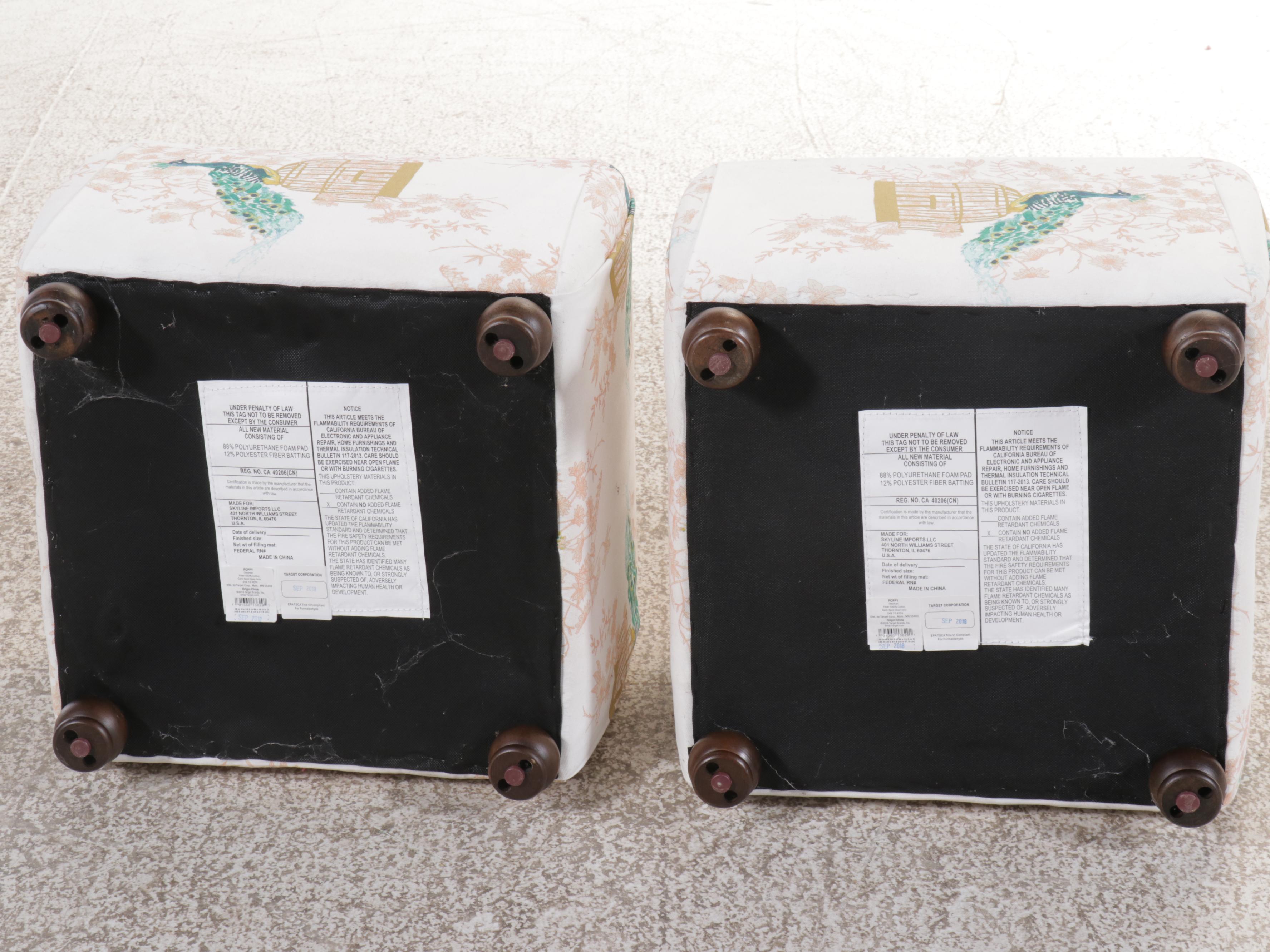 Pair of Skyline Imports Peacock Motif Upholstered Ottomans, 2018