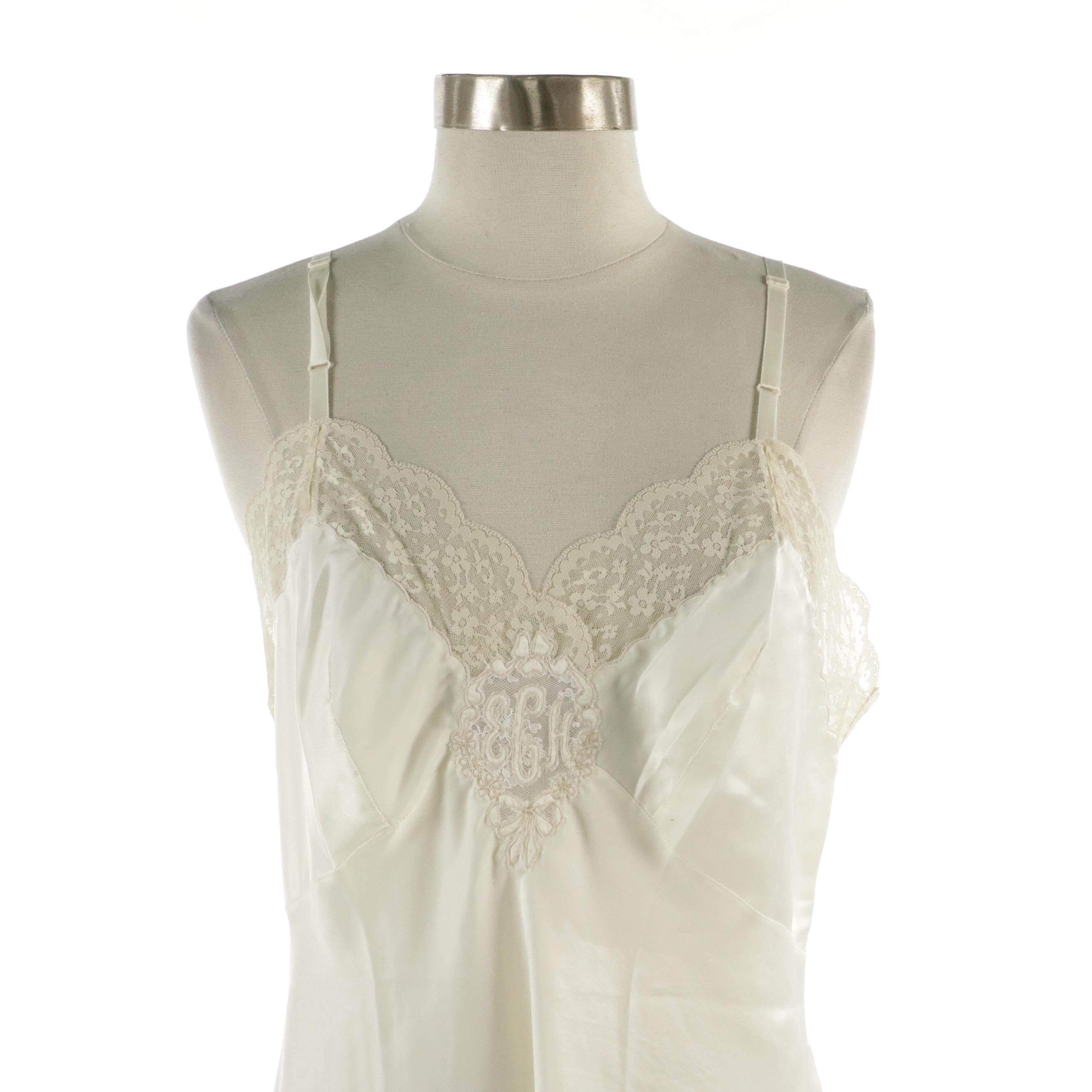Corhan Noumair and Other Vintage Embroidered Monogram Lace Silk Slip Dresses