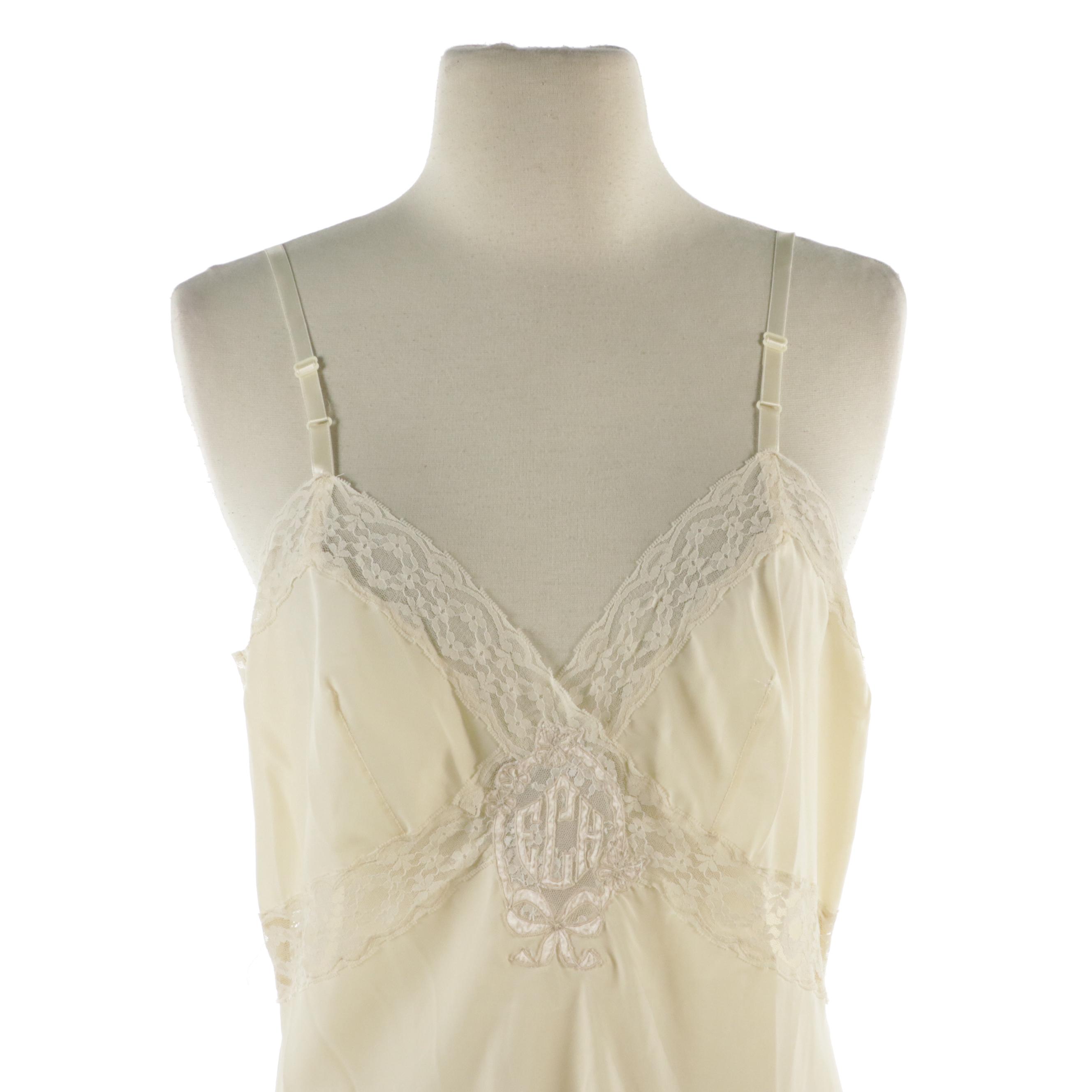 Corhan Noumair and Other Vintage Embroidered Monogram Lace Silk Slip Dresses