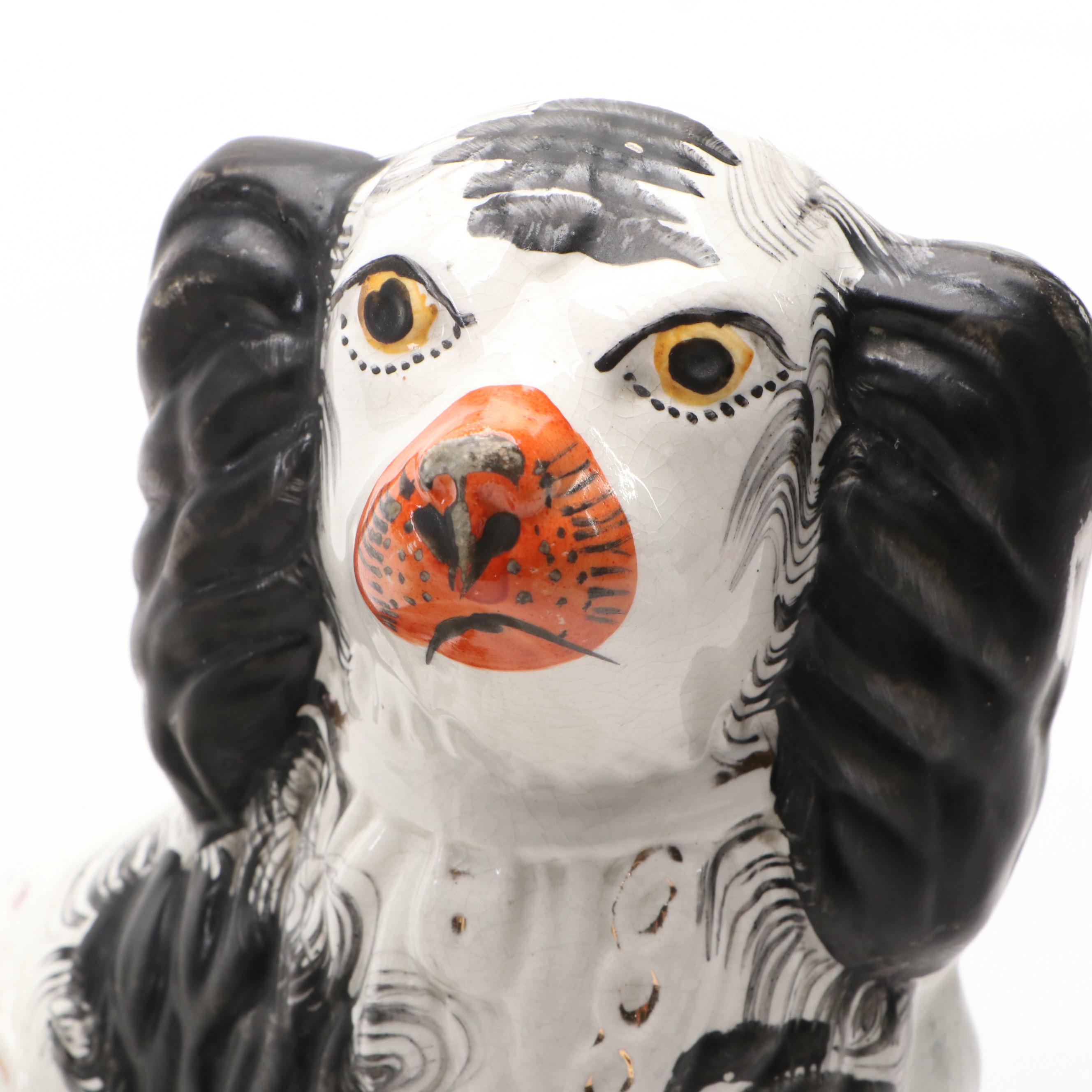 Pair of Staffordshire Black and White Spaniel Figurines, Late 19th Century