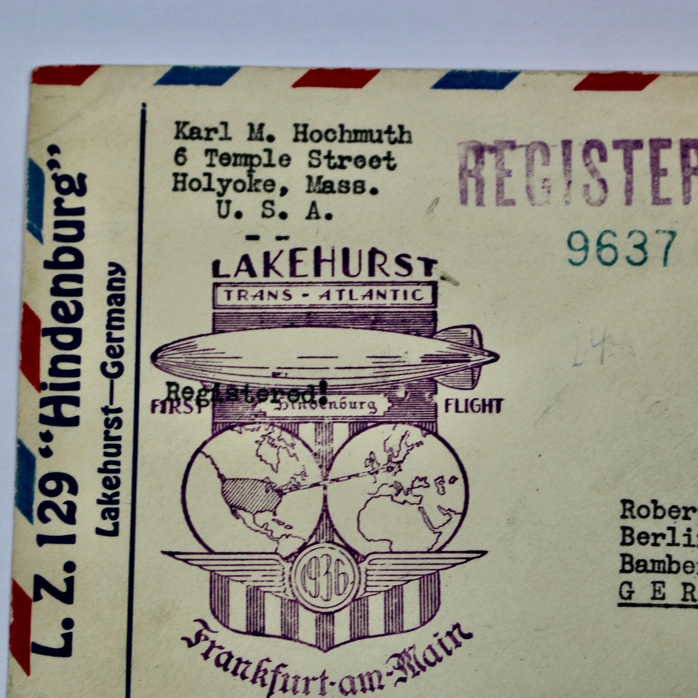 1936 Hindenburg Graf Zeppelin Postal Cover, Lakehurst to Germany