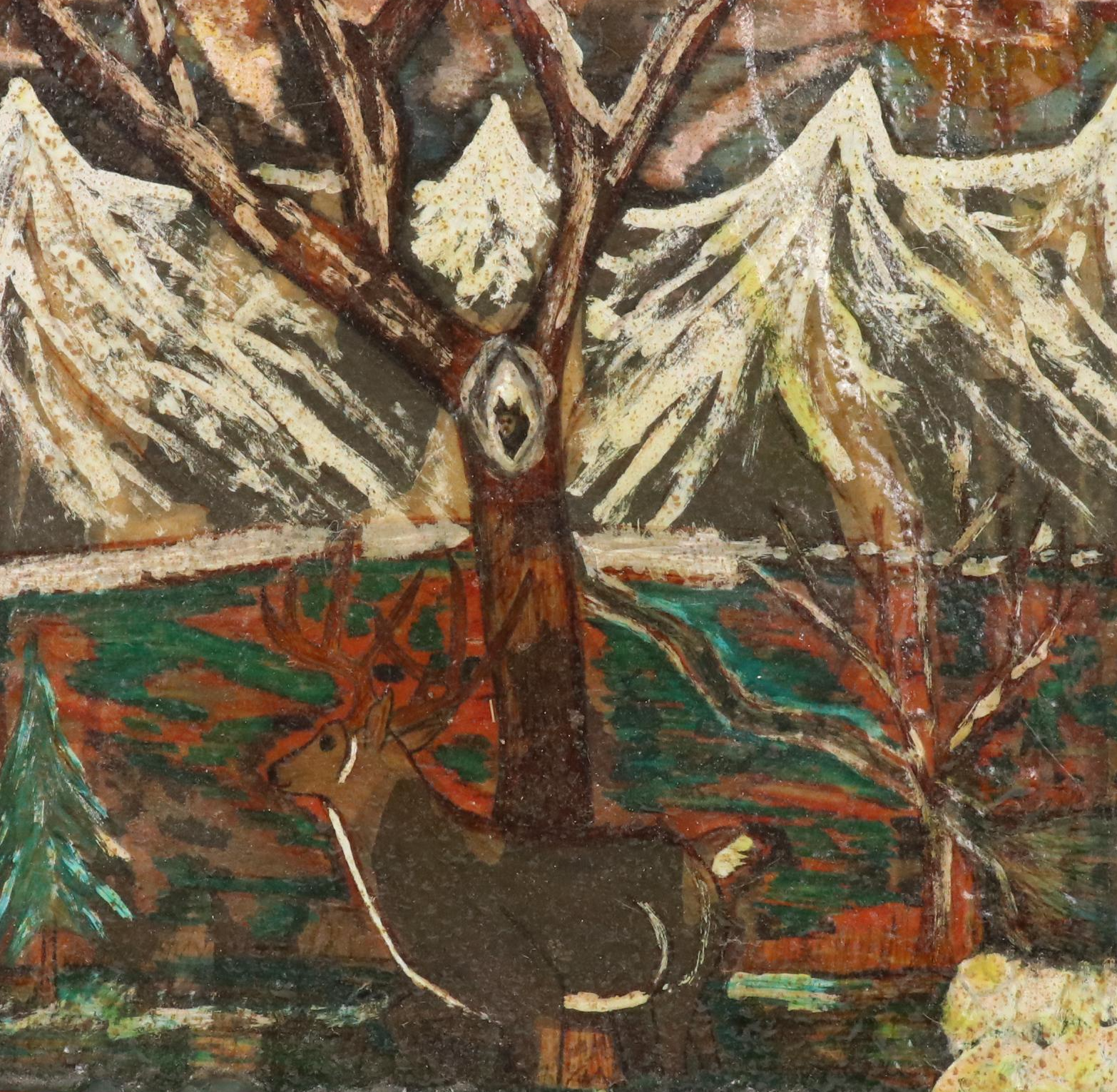 Mixed Media Painting of Wilderness Scene With Deer, Circa 1940