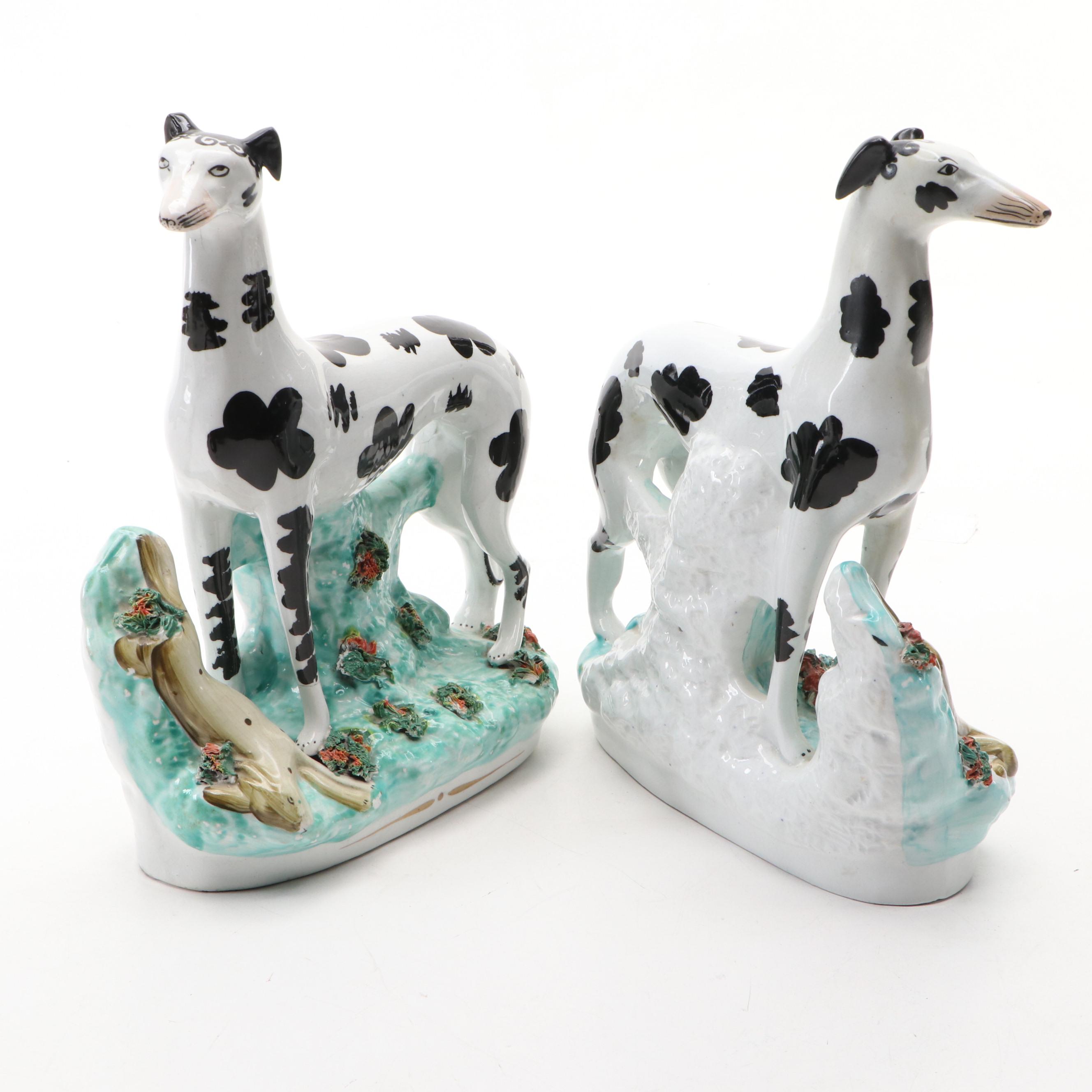 Pair of Staffordshire Disraeli Curl Greyhounds, Mid to Late 19th Century