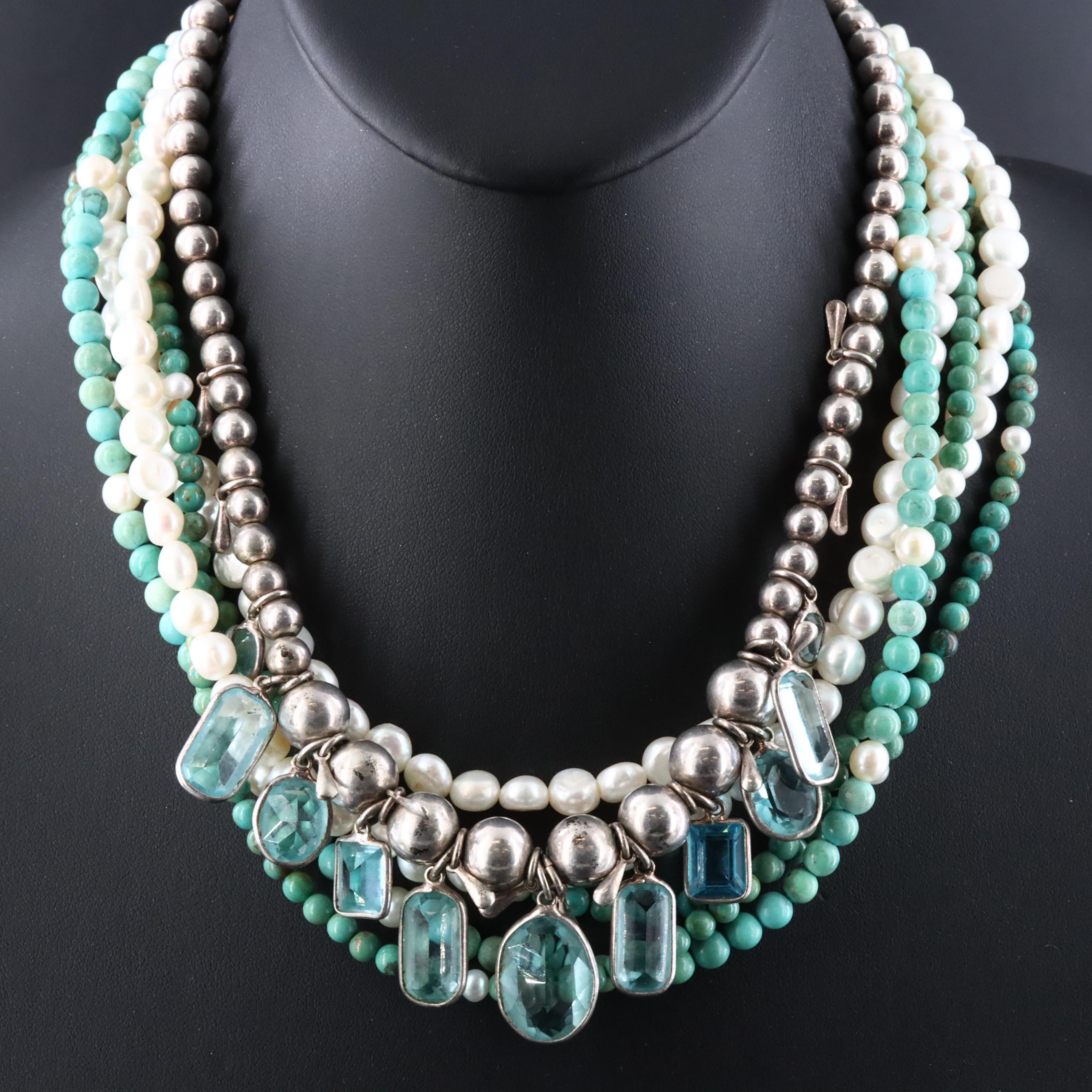 Sterling Pearl, Turquoise and Glass Multi-Row Necklace