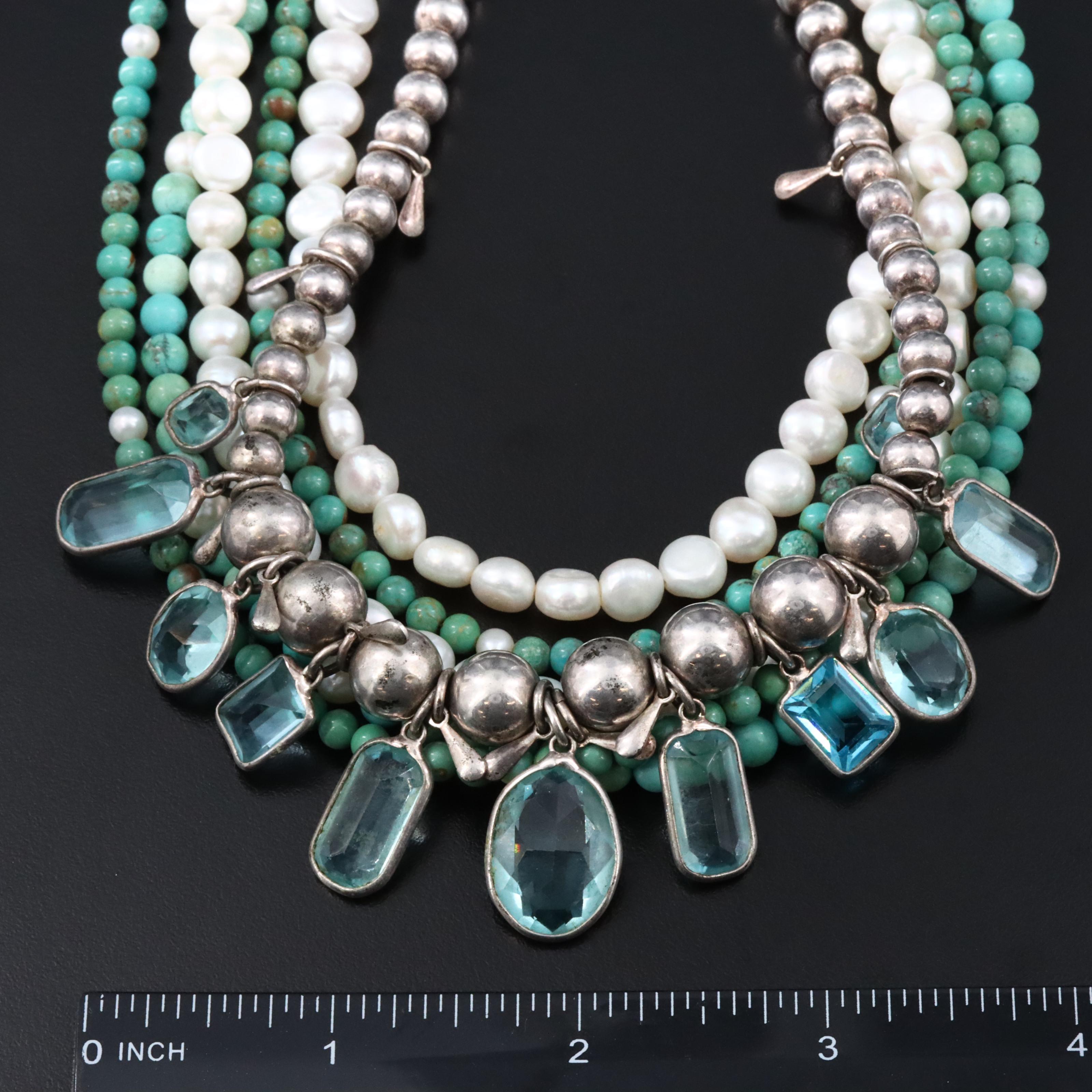 Sterling Pearl, Turquoise and Glass Multi-Row Necklace