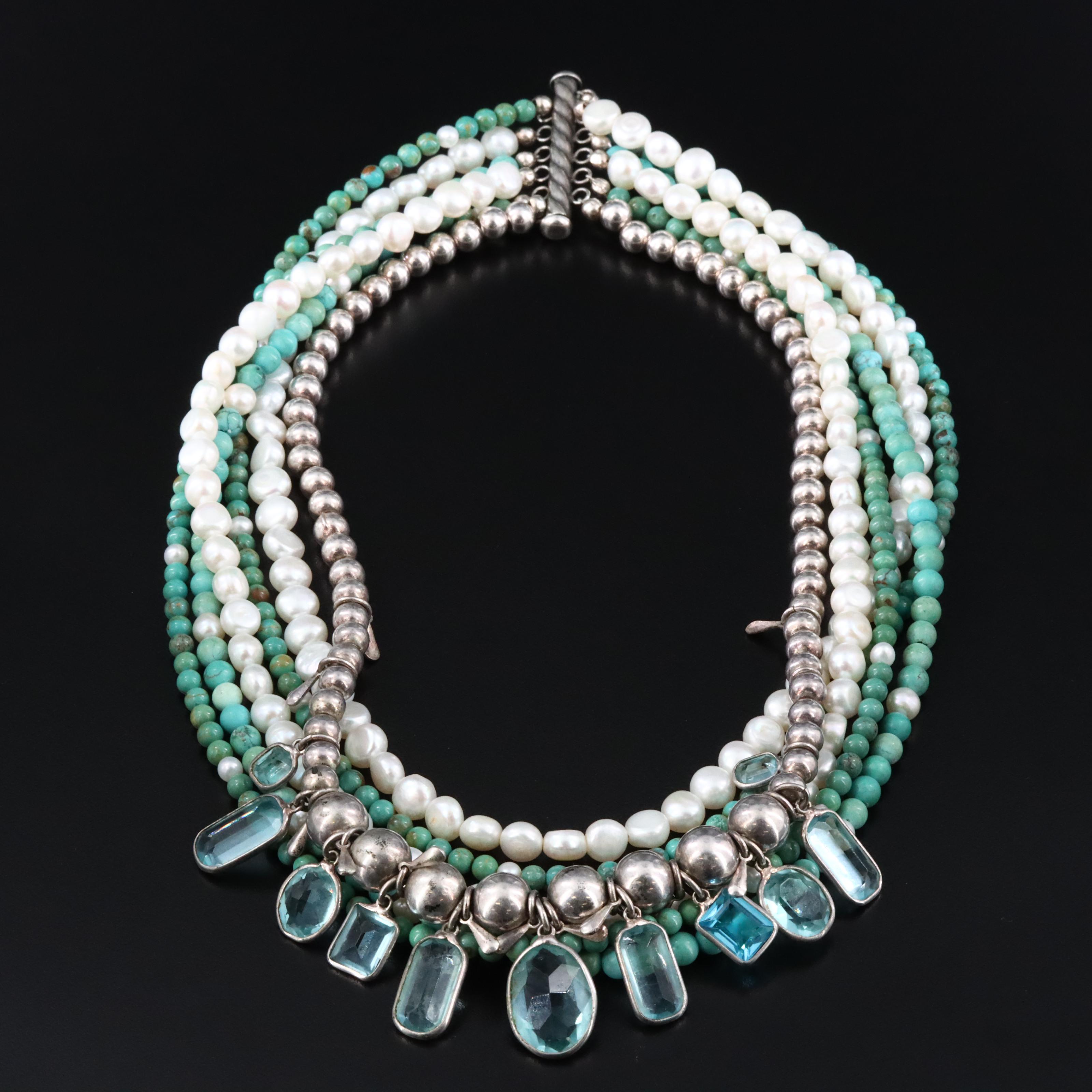 Sterling Pearl, Turquoise and Glass Multi-Row Necklace
