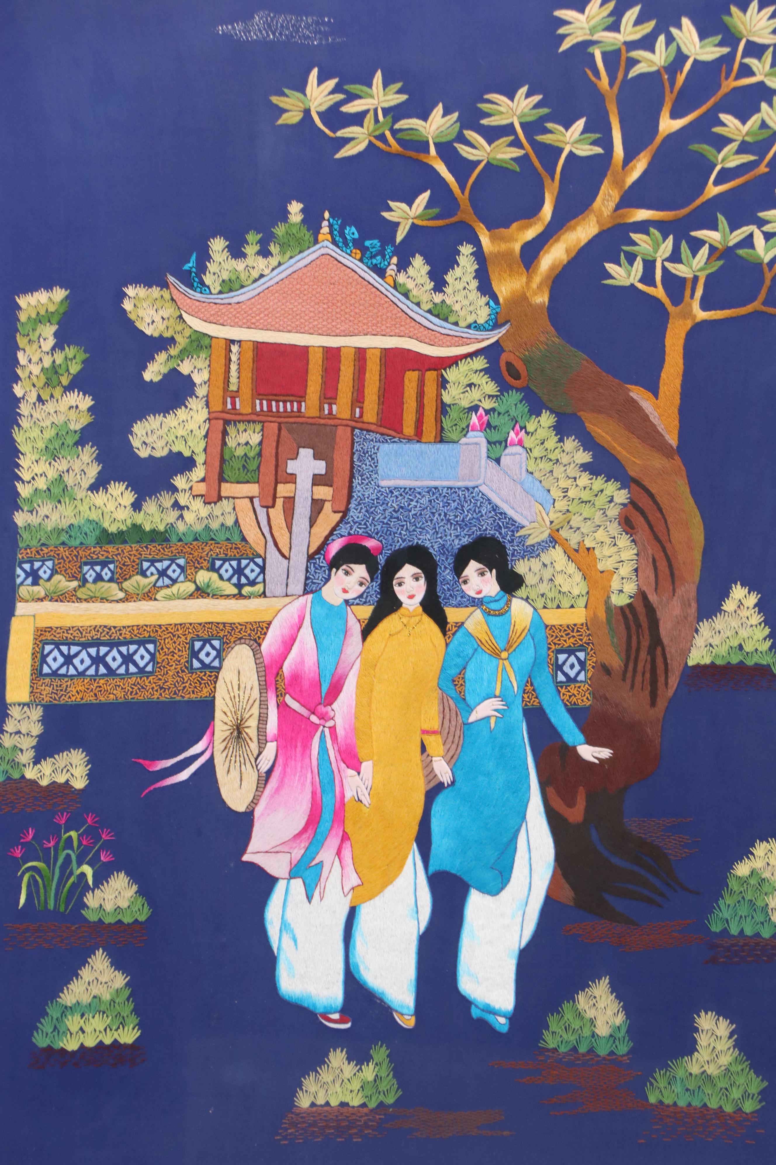 Vietnamese Silk Embroidery of Three Women "Chùa Một Cột và Cây đa"