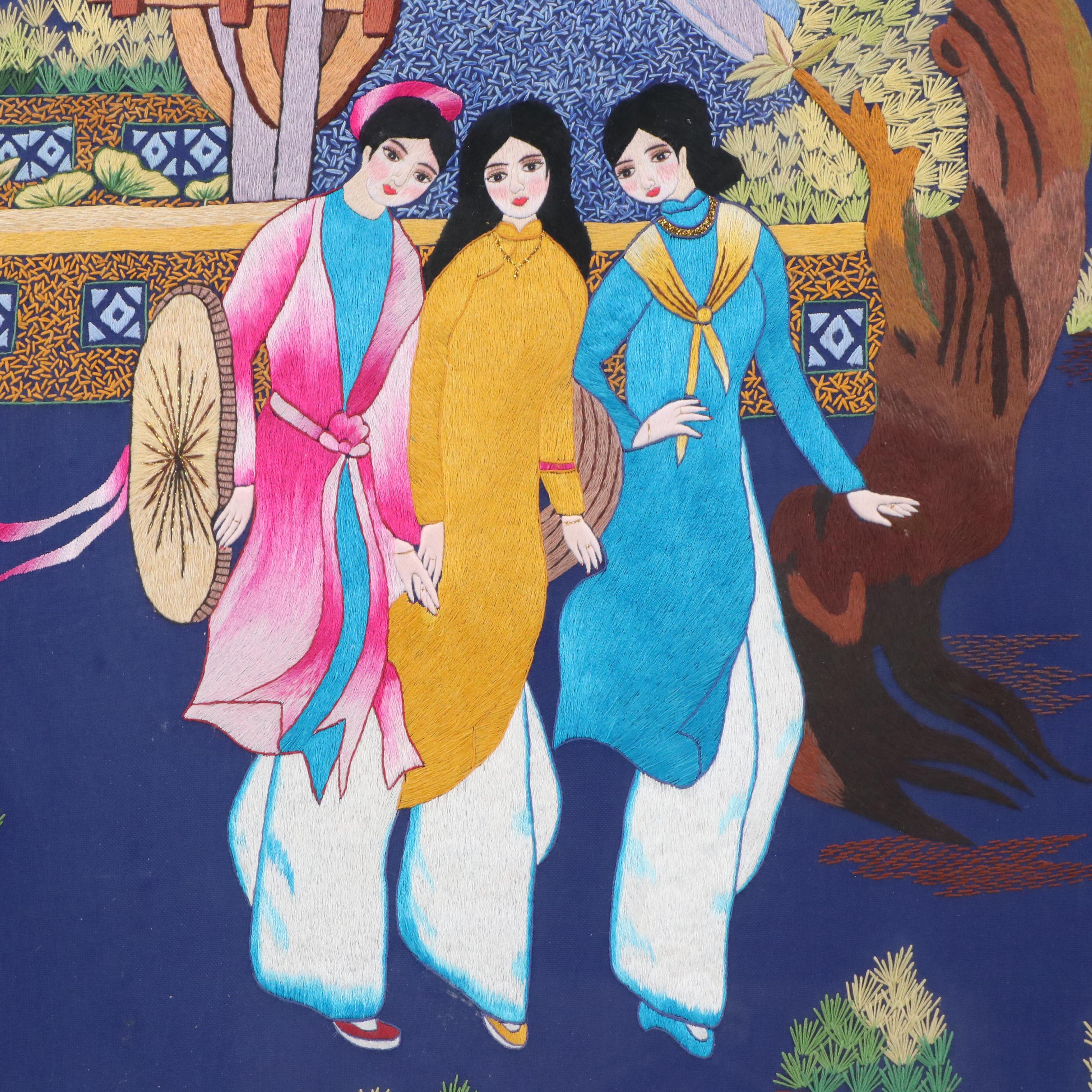 Vietnamese Silk Embroidery of Three Women "Chùa Một Cột và Cây đa"