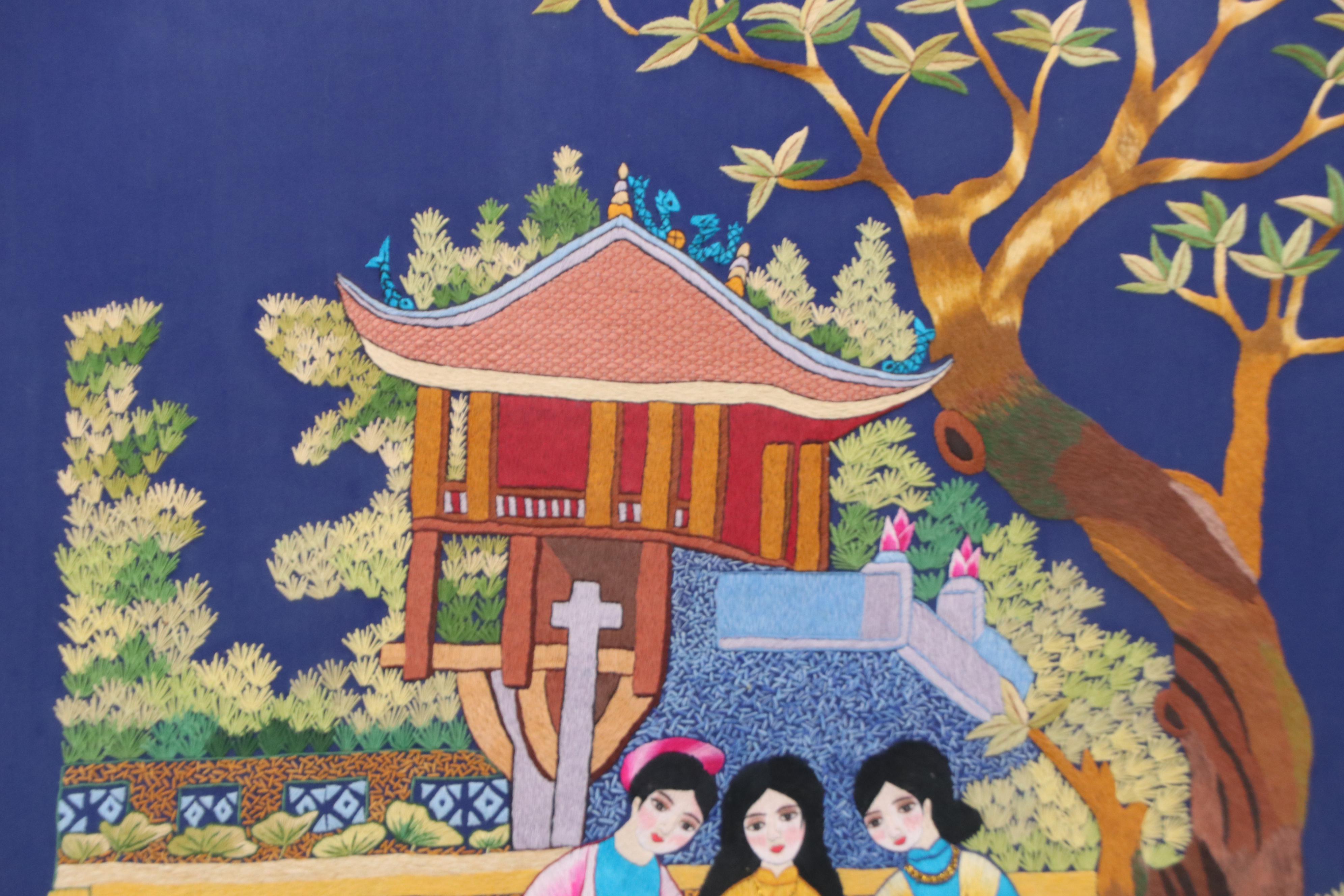 Vietnamese Silk Embroidery of Three Women "Chùa Một Cột và Cây đa"