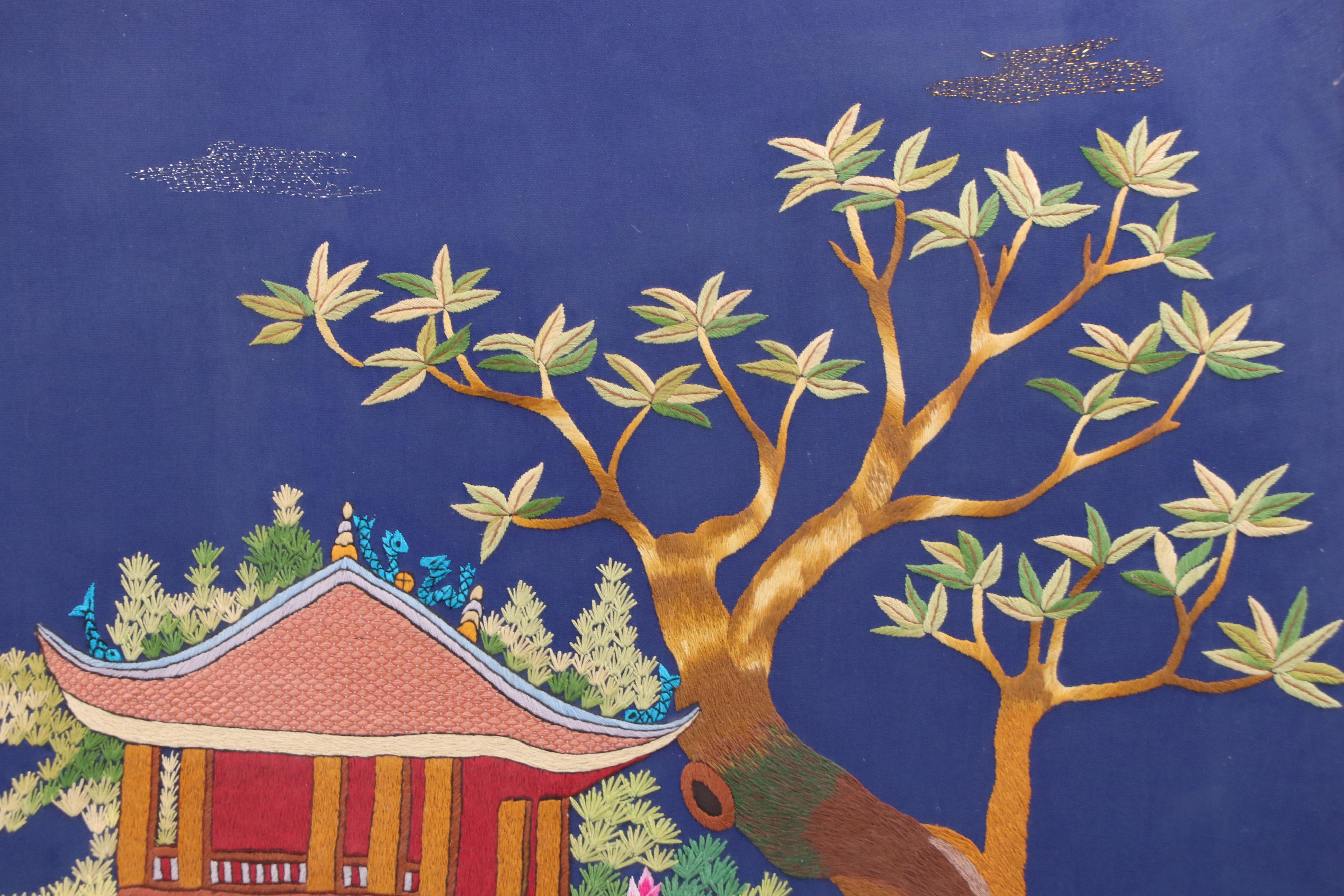 Vietnamese Silk Embroidery of Three Women "Chùa Một Cột và Cây đa"