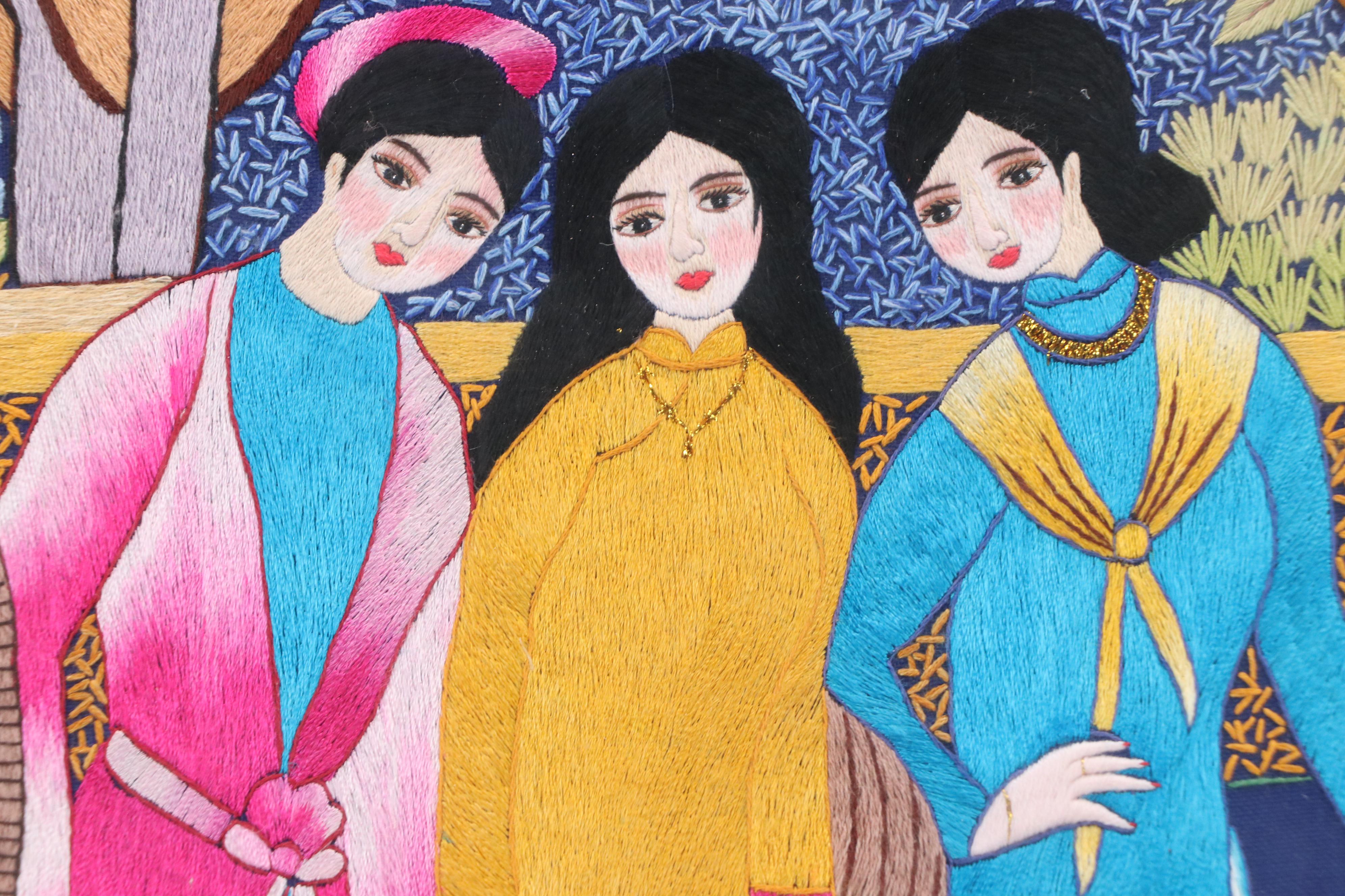Vietnamese Silk Embroidery of Three Women "Chùa Một Cột và Cây đa"