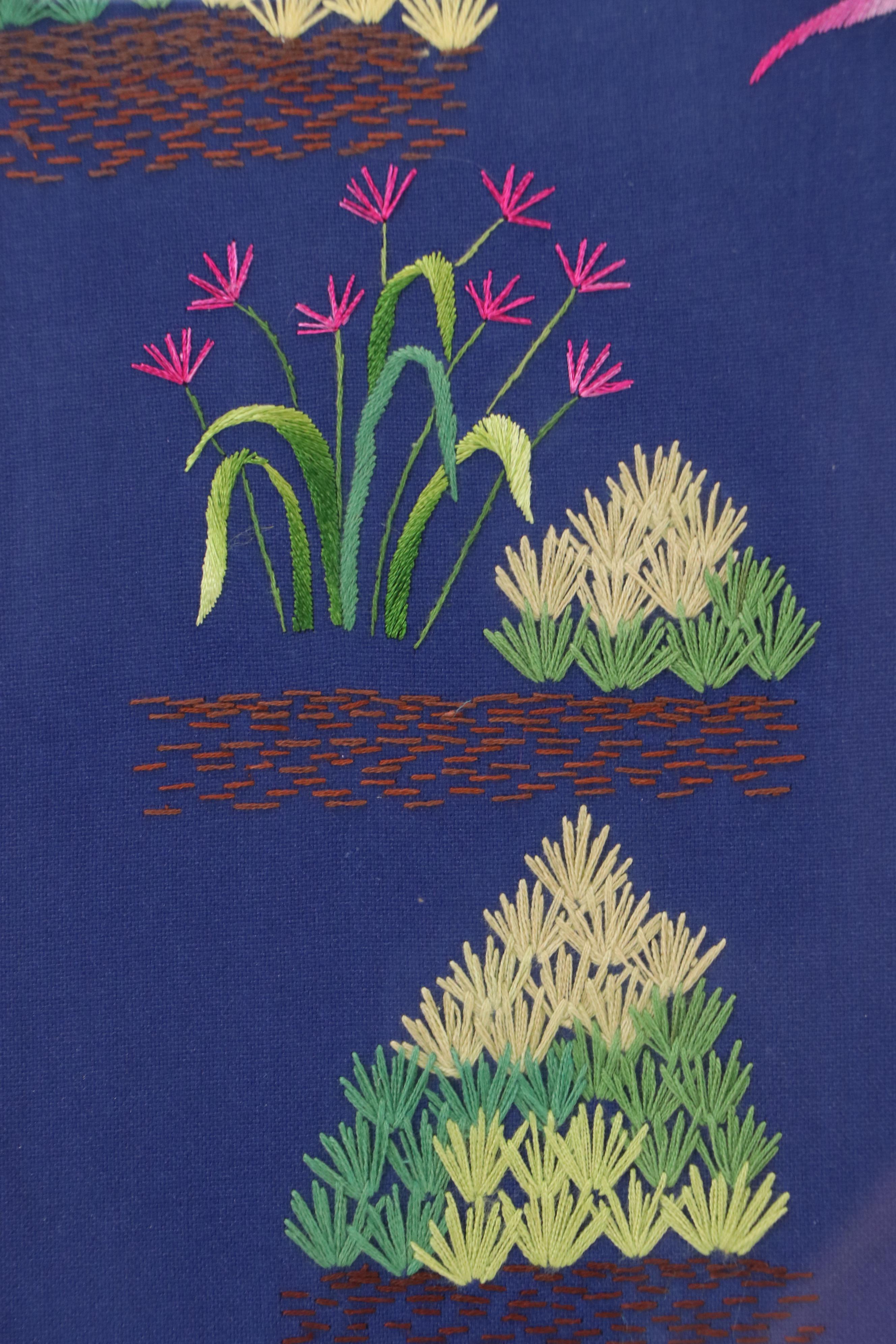 Vietnamese Silk Embroidery of Three Women "Chùa Một Cột và Cây đa"