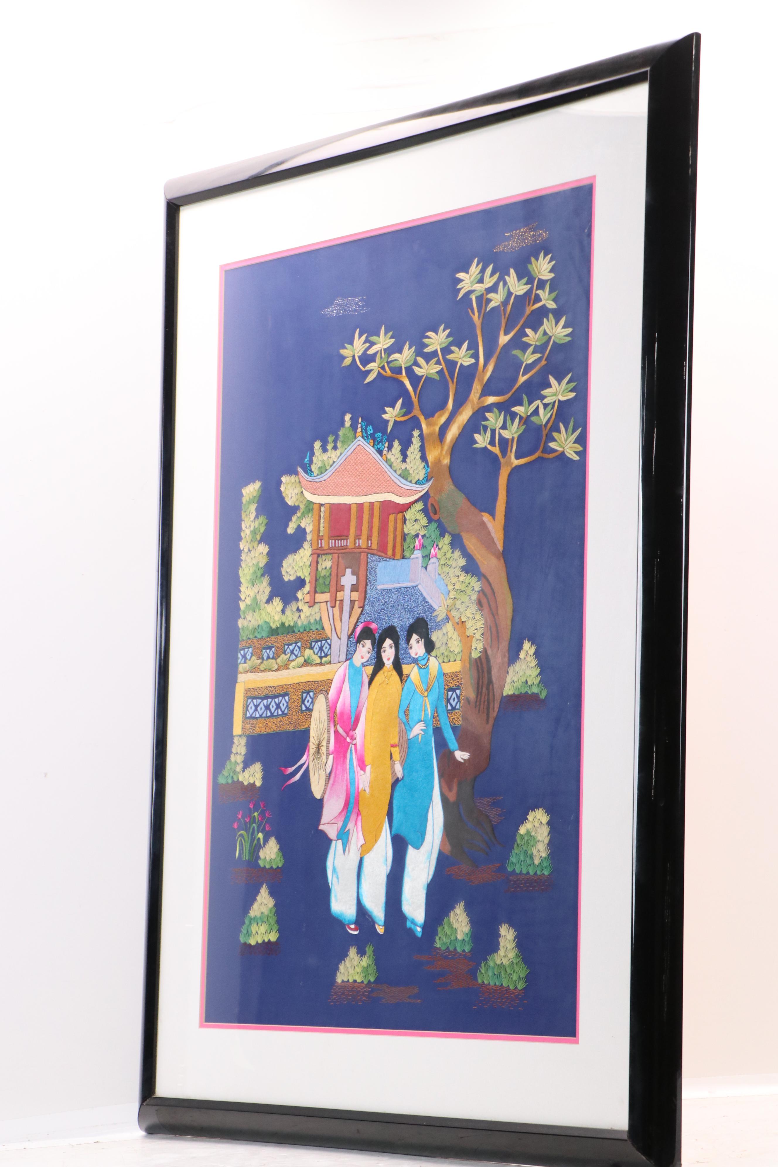 Vietnamese Silk Embroidery of Three Women "Chùa Một Cột và Cây đa"