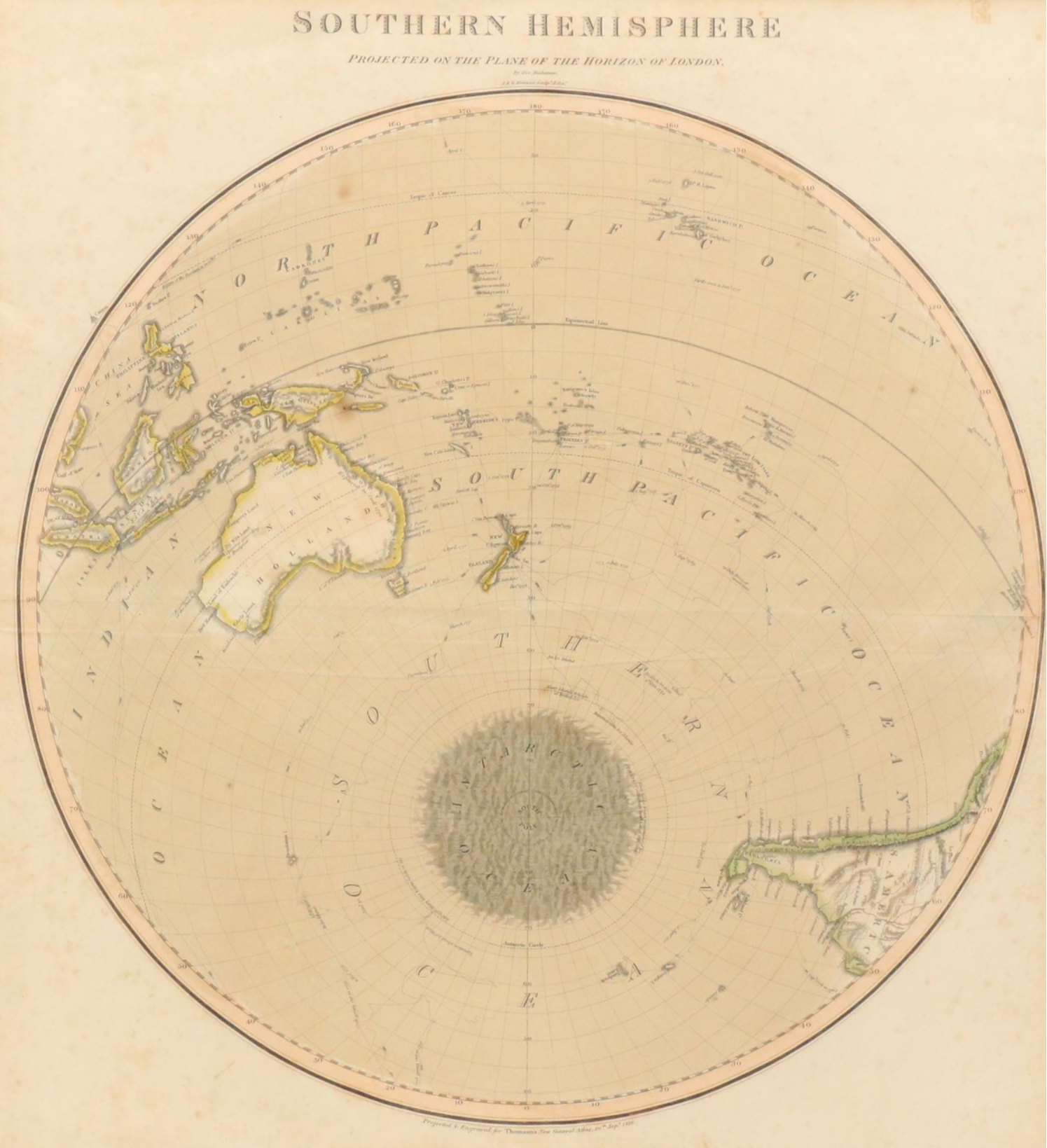 Hand-Colored Map Engraving "Southern Hemisphere," 1816