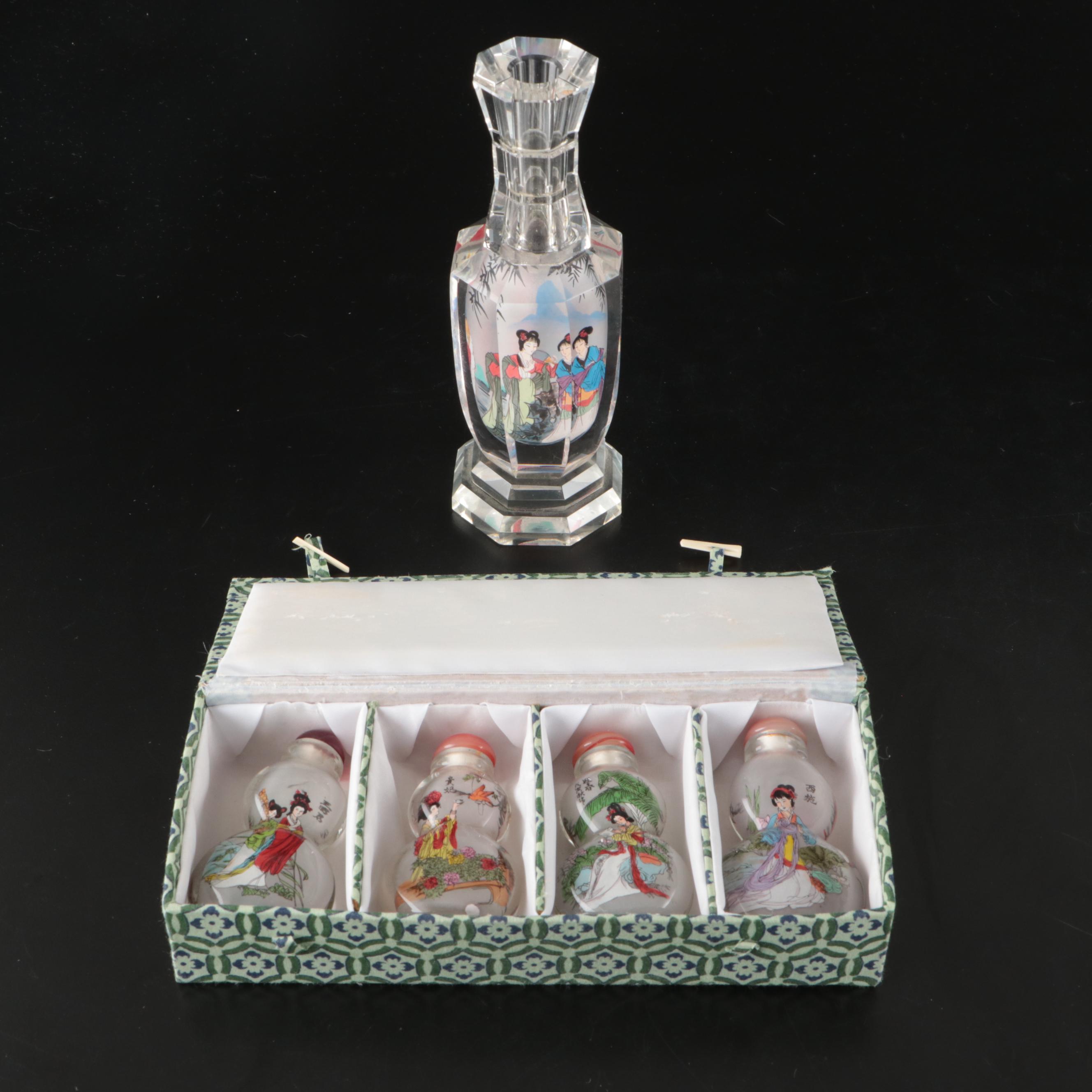Chinese Glass Snuff Bottles and Crystal Bud Vase