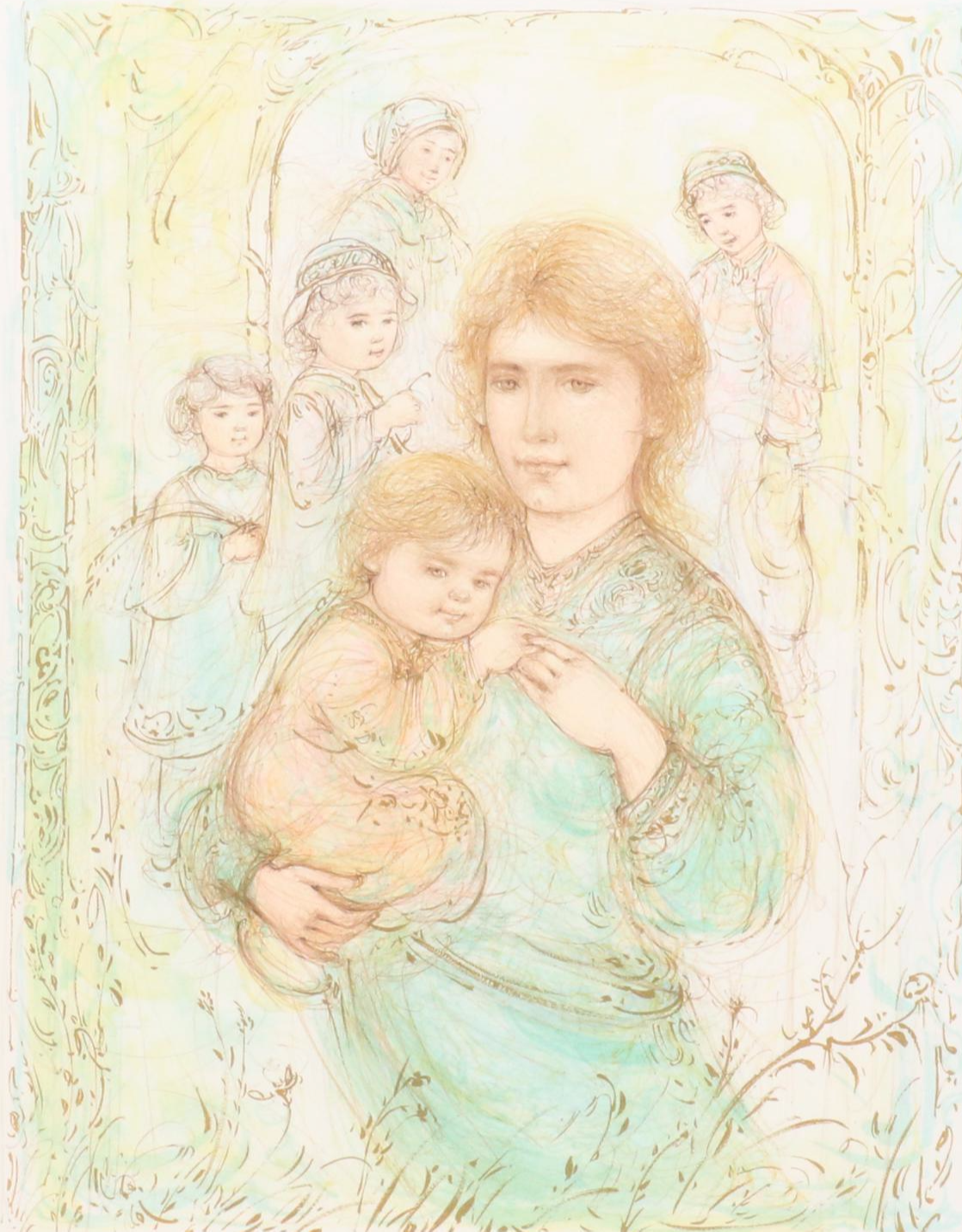 Edna Hibel Figurative Lithograph of Family Portrait "Arielle & Amy"