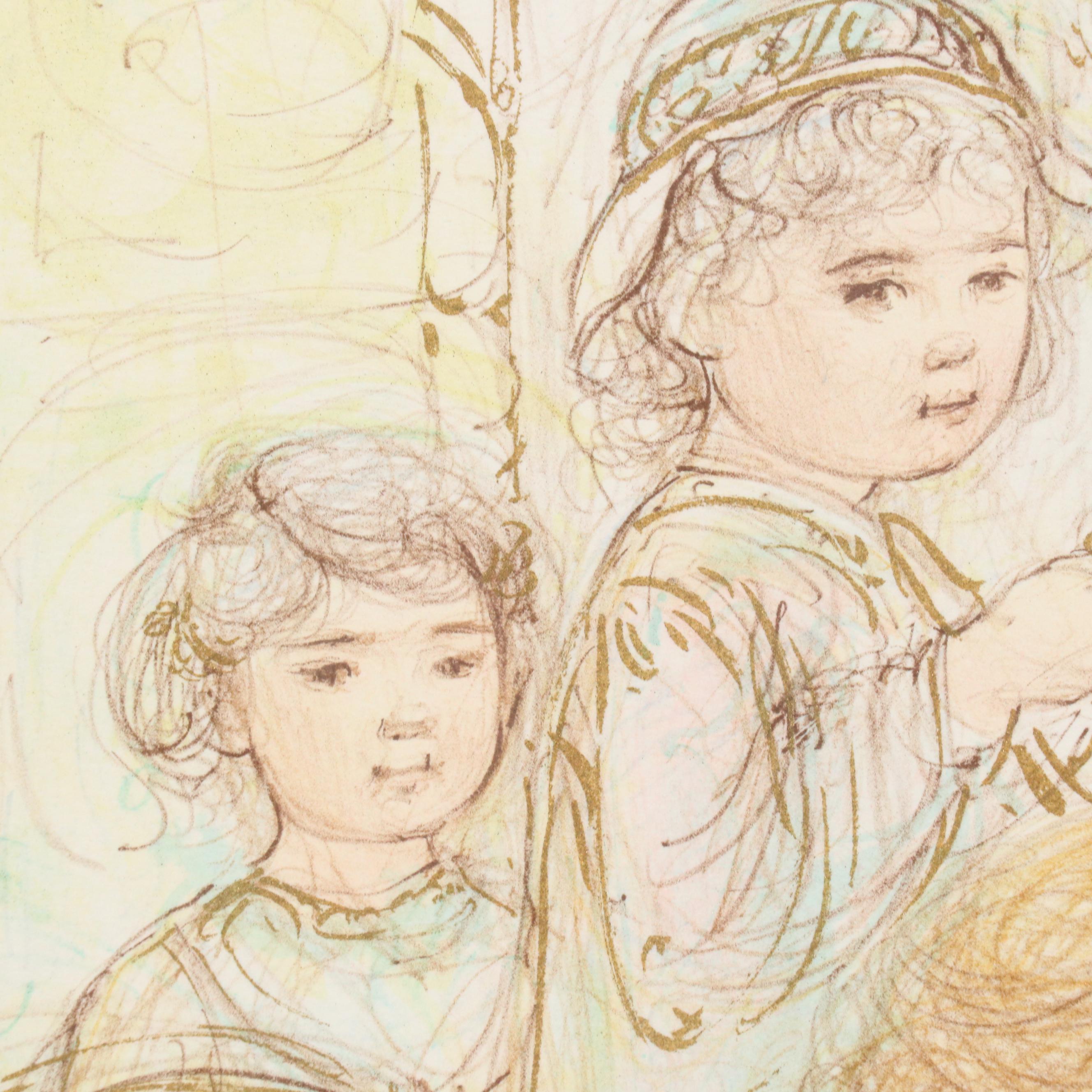 Edna Hibel Figurative Lithograph of Family Portrait "Arielle & Amy"