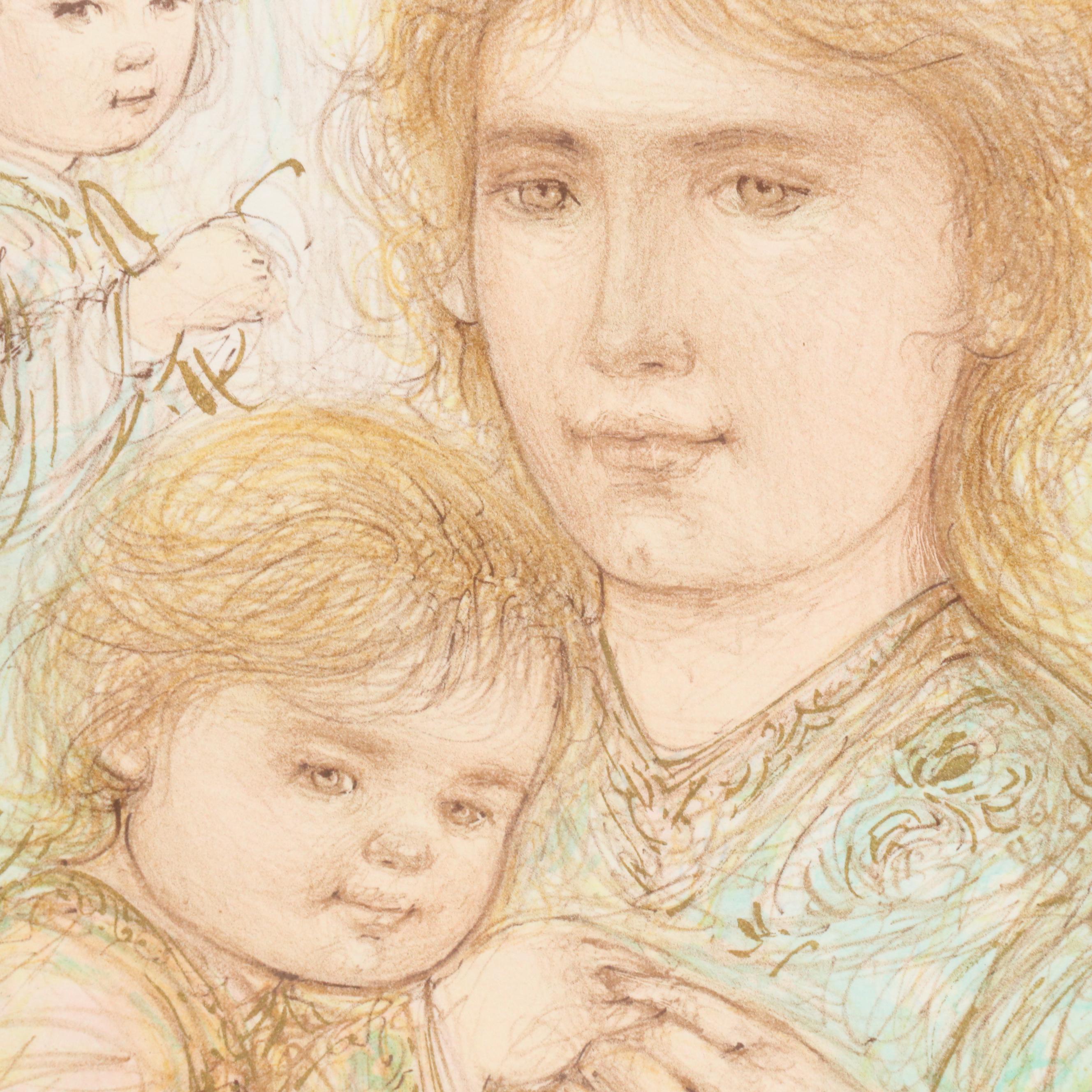 Edna Hibel Figurative Lithograph of Family Portrait "Arielle & Amy"