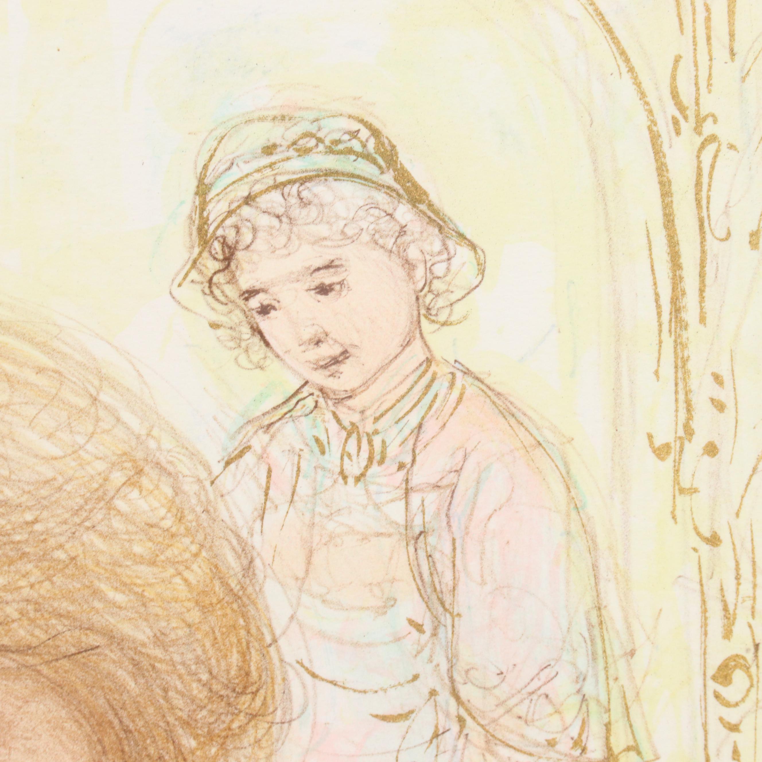 Edna Hibel Figurative Lithograph of Family Portrait "Arielle & Amy"