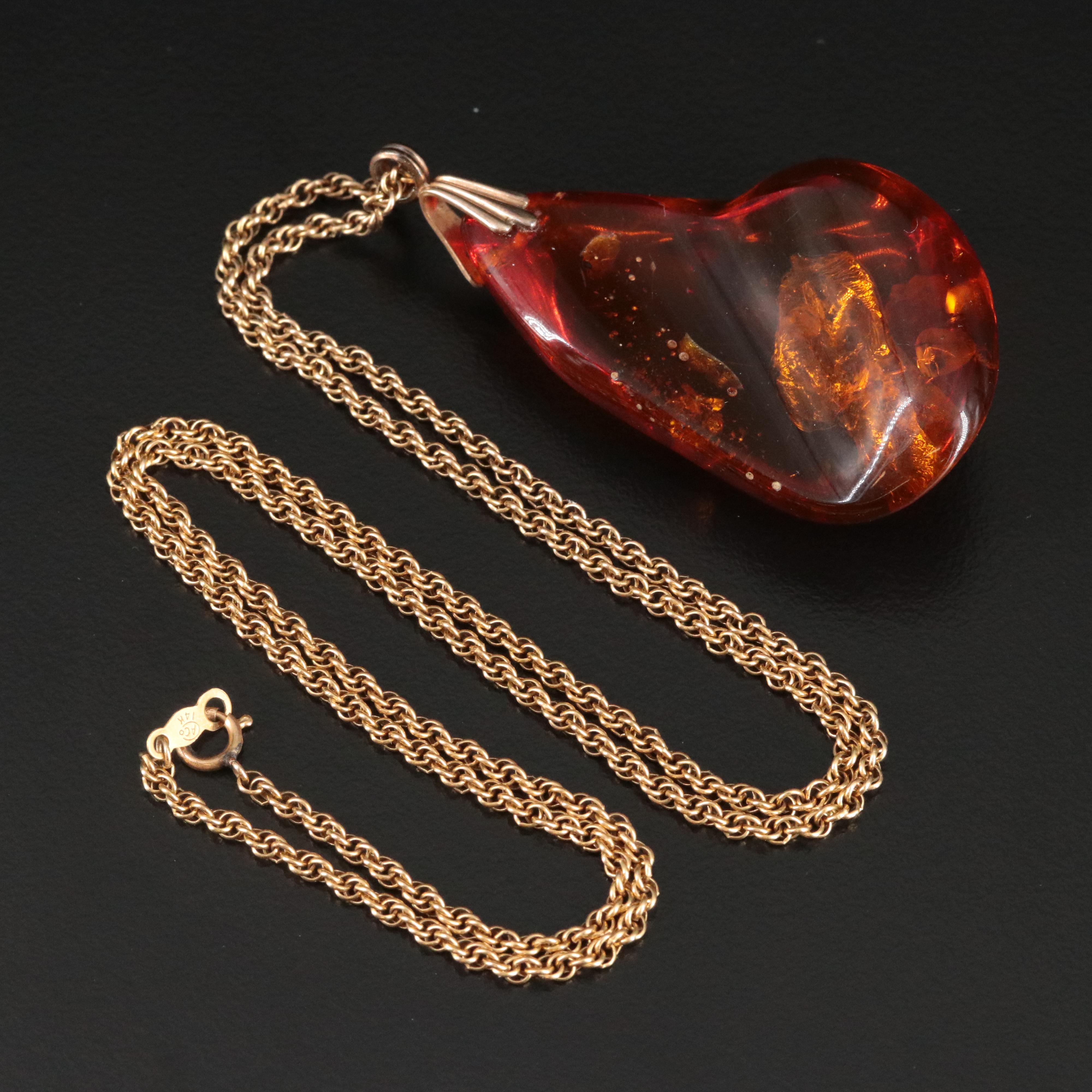 Amber Pendant on 14K Rope Necklace