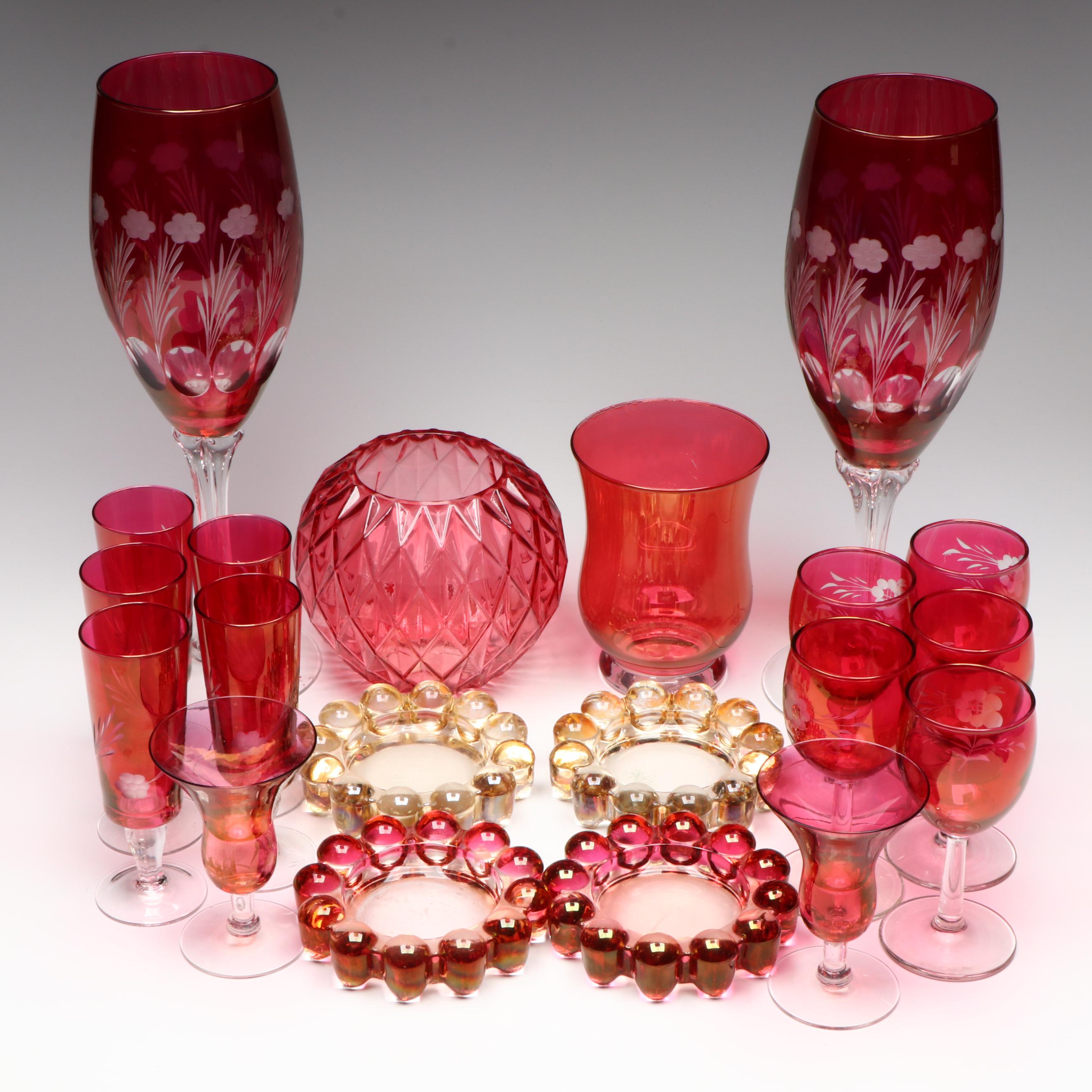 Etched Cranberry Glass Stemware, Hobnail Wine Coasters, and More Glass Décor