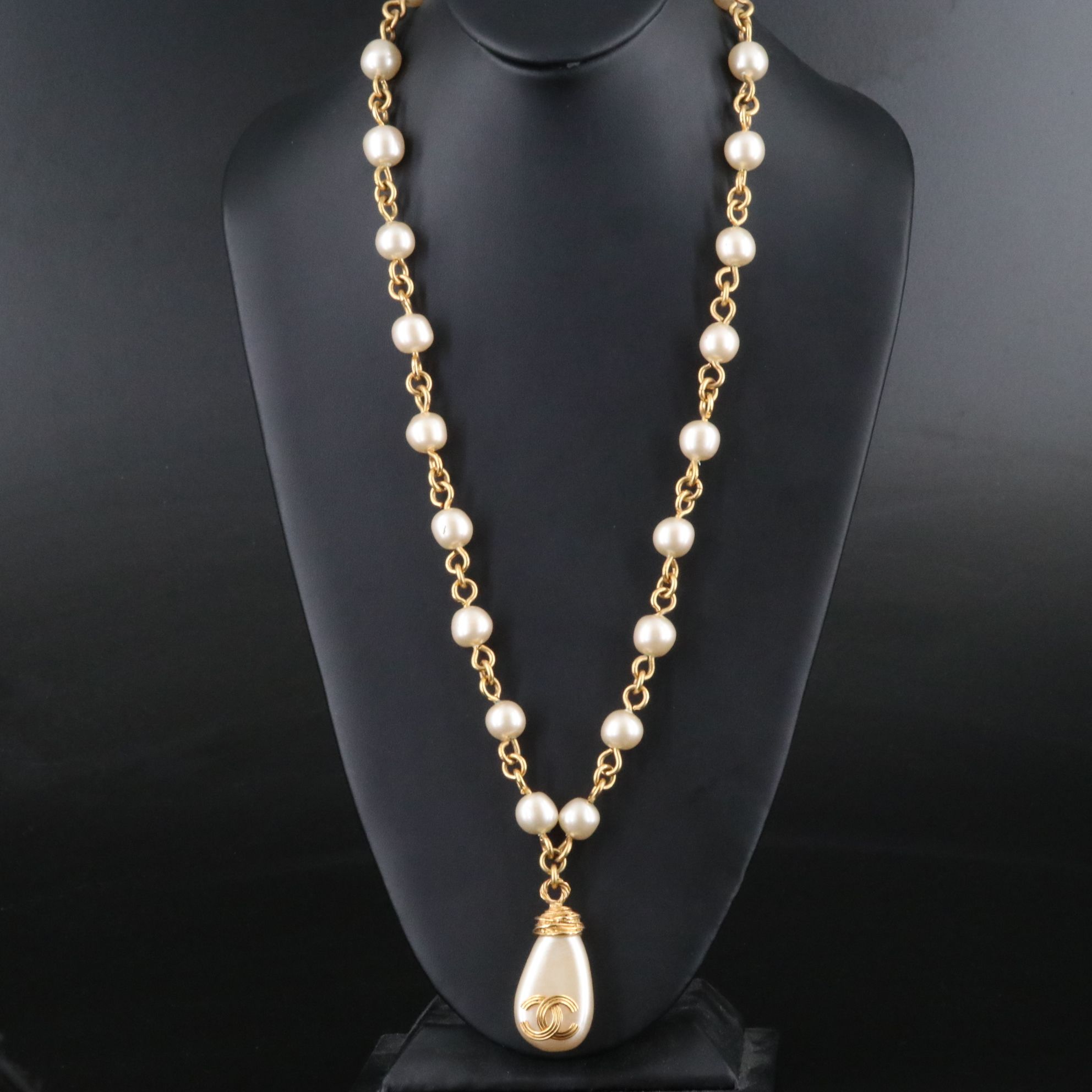 Chanel CC Logo Faux Pearl Drop Necklace