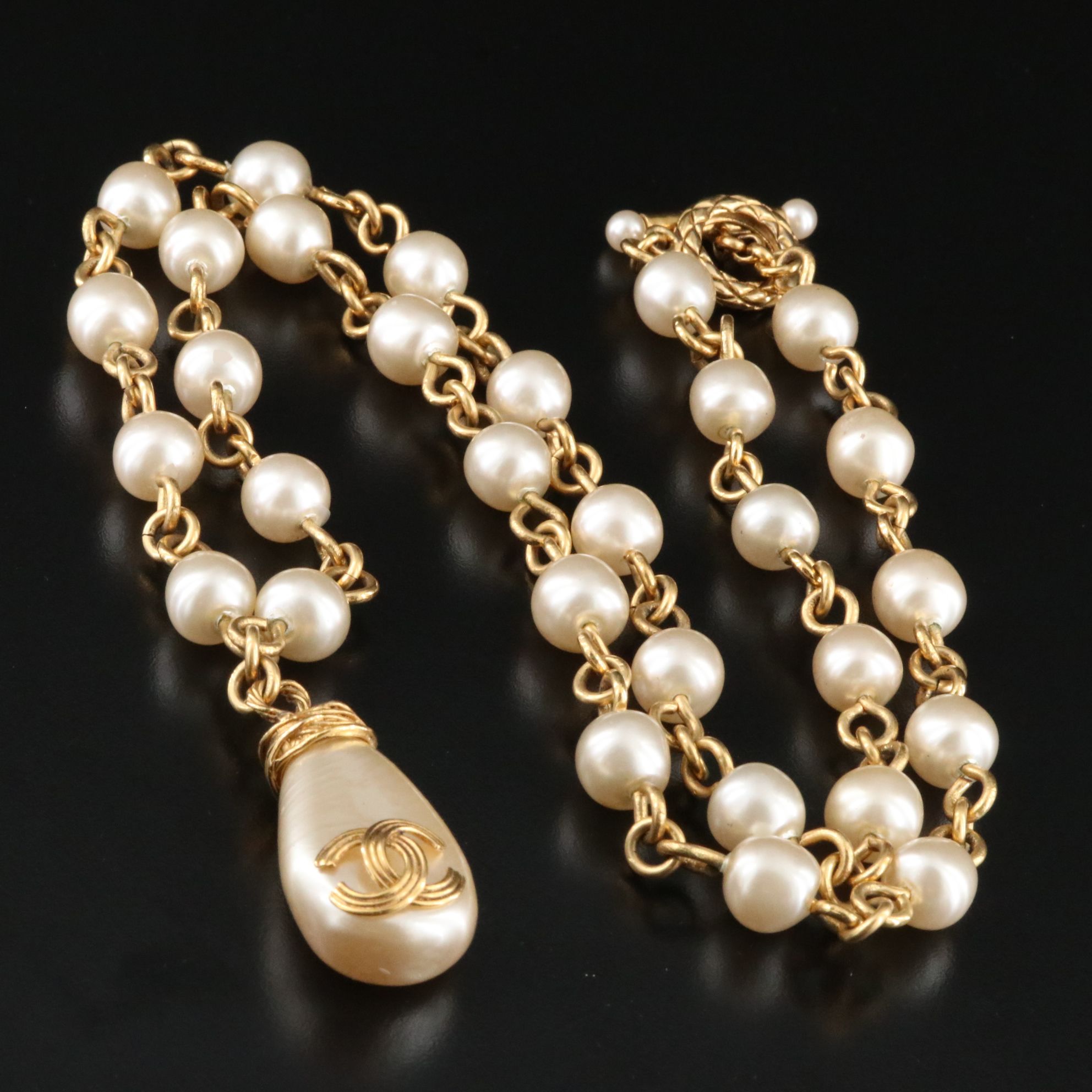 Chanel CC Logo Faux Pearl Drop Necklace