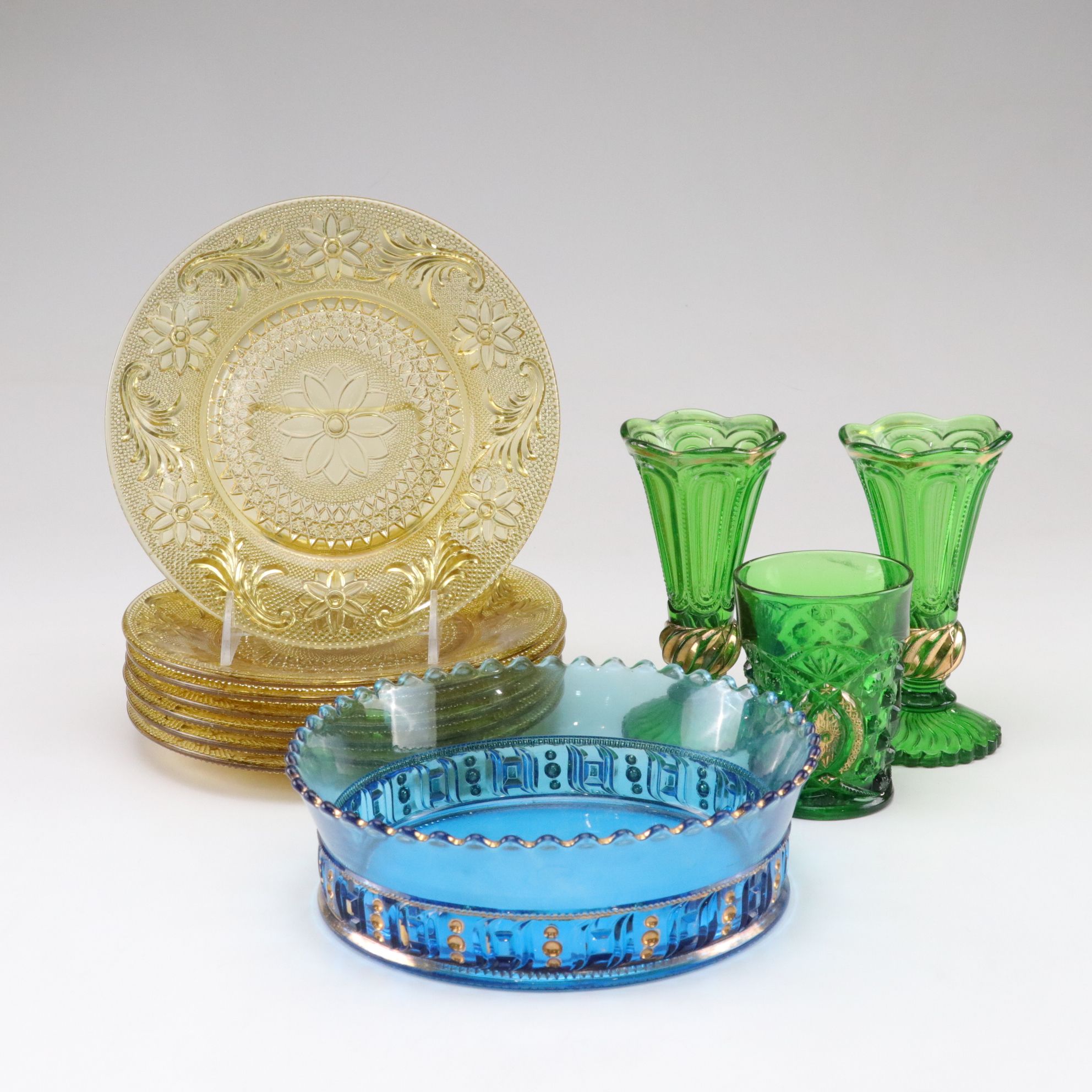 Tiara "Sandwich Amber" Plates with Colored Glass Vases & More