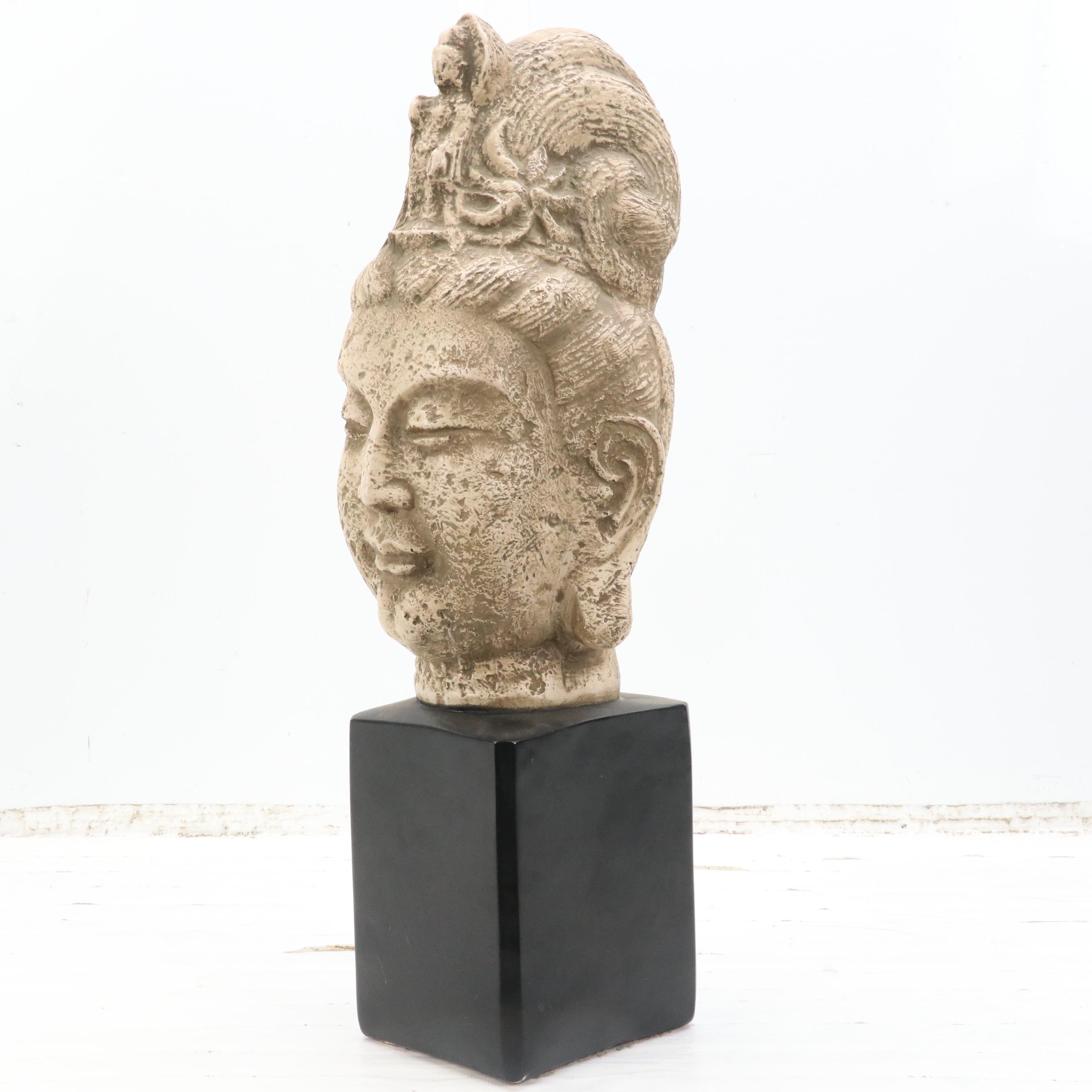 Painted Plaster Sculpture of Head of Buddha, Mid-20th Century
