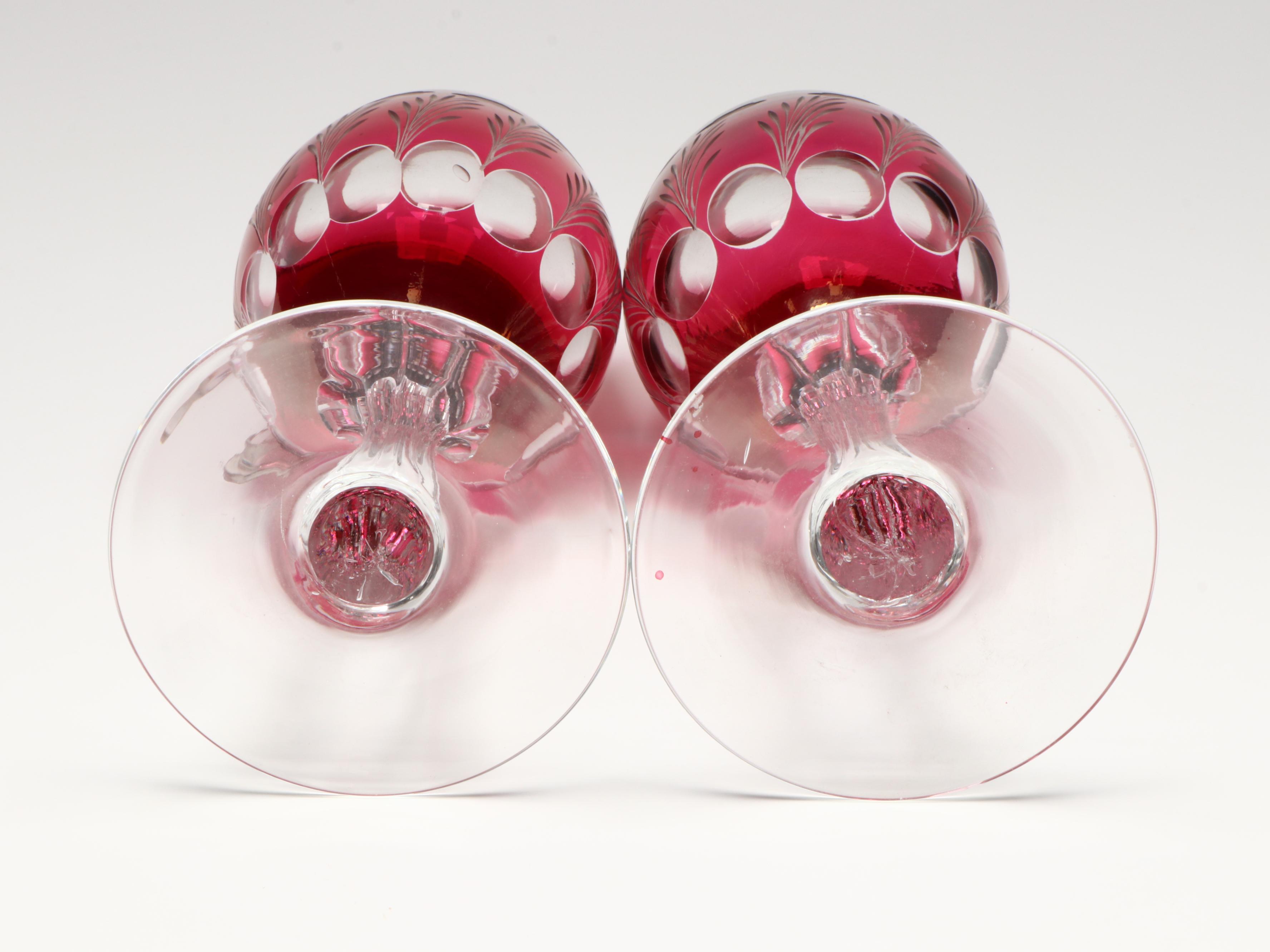 Etched Cranberry Glass Stemware, Hobnail Wine Coasters, and More Glass Décor
