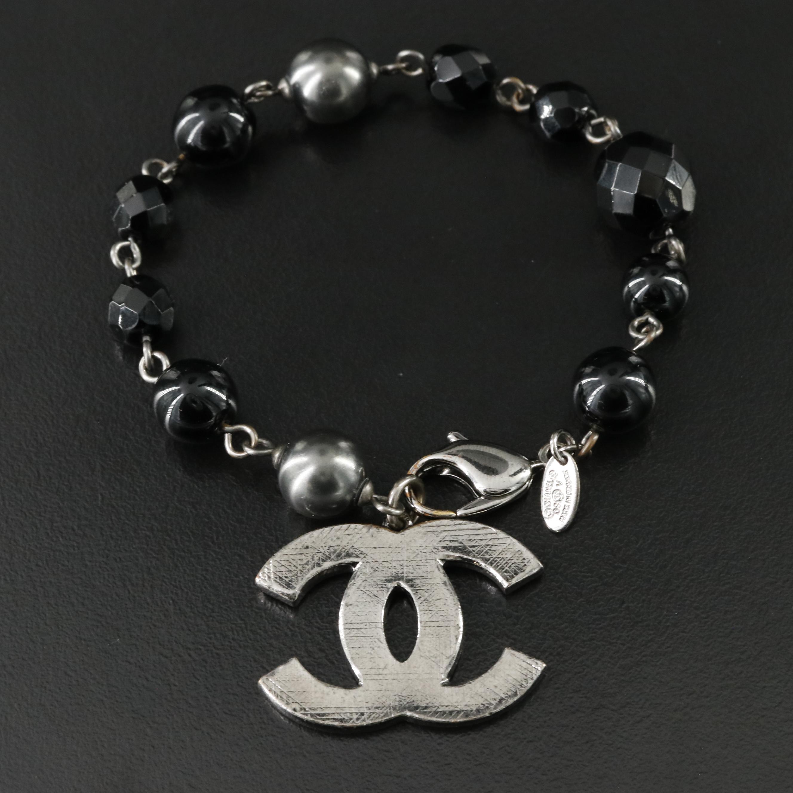 Chanel CC Gunmetal Glass and Faux Pearl Bracelet