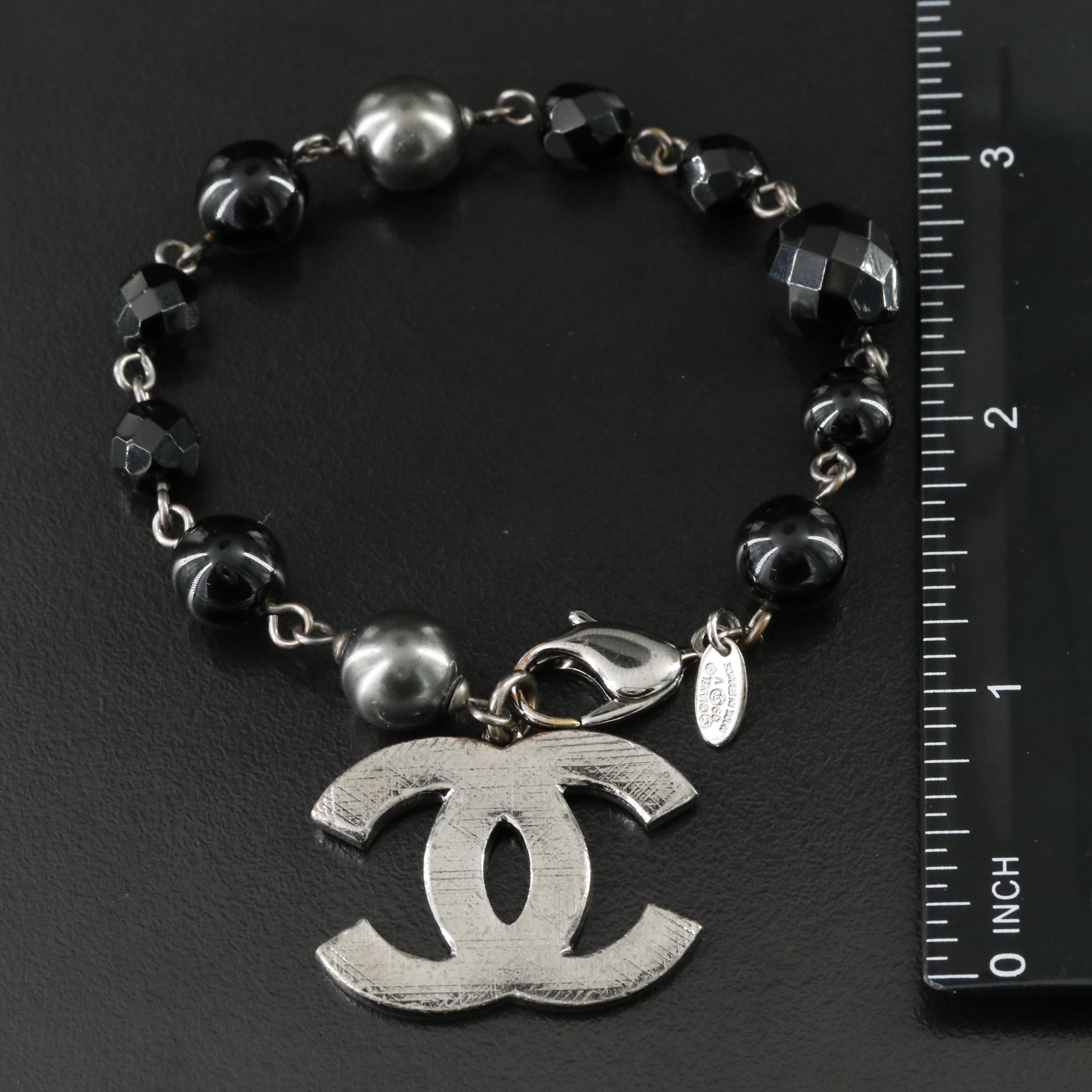 Chanel CC Gunmetal Glass and Faux Pearl Bracelet