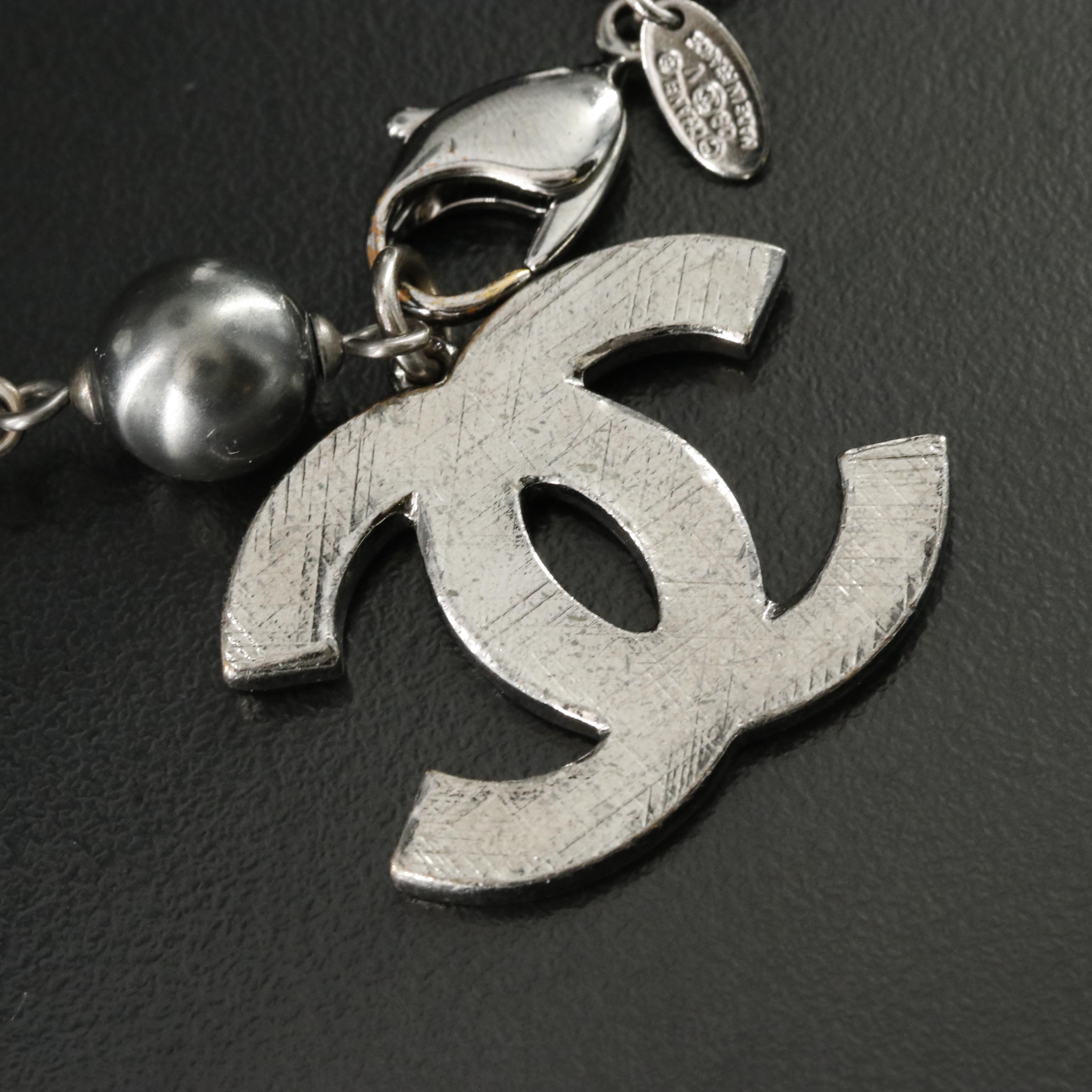 Chanel CC Gunmetal Glass and Faux Pearl Bracelet