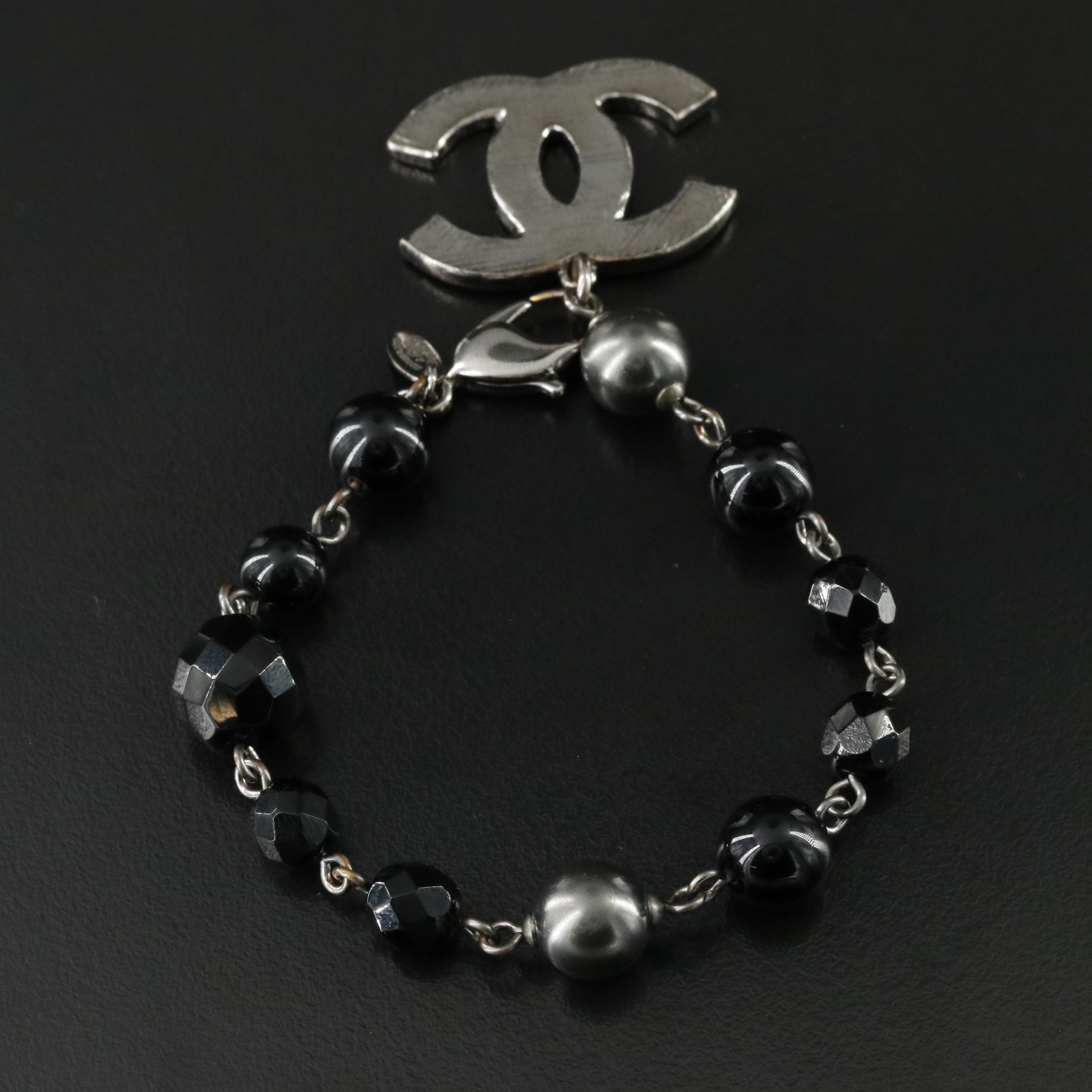 Chanel CC Gunmetal Glass and Faux Pearl Bracelet