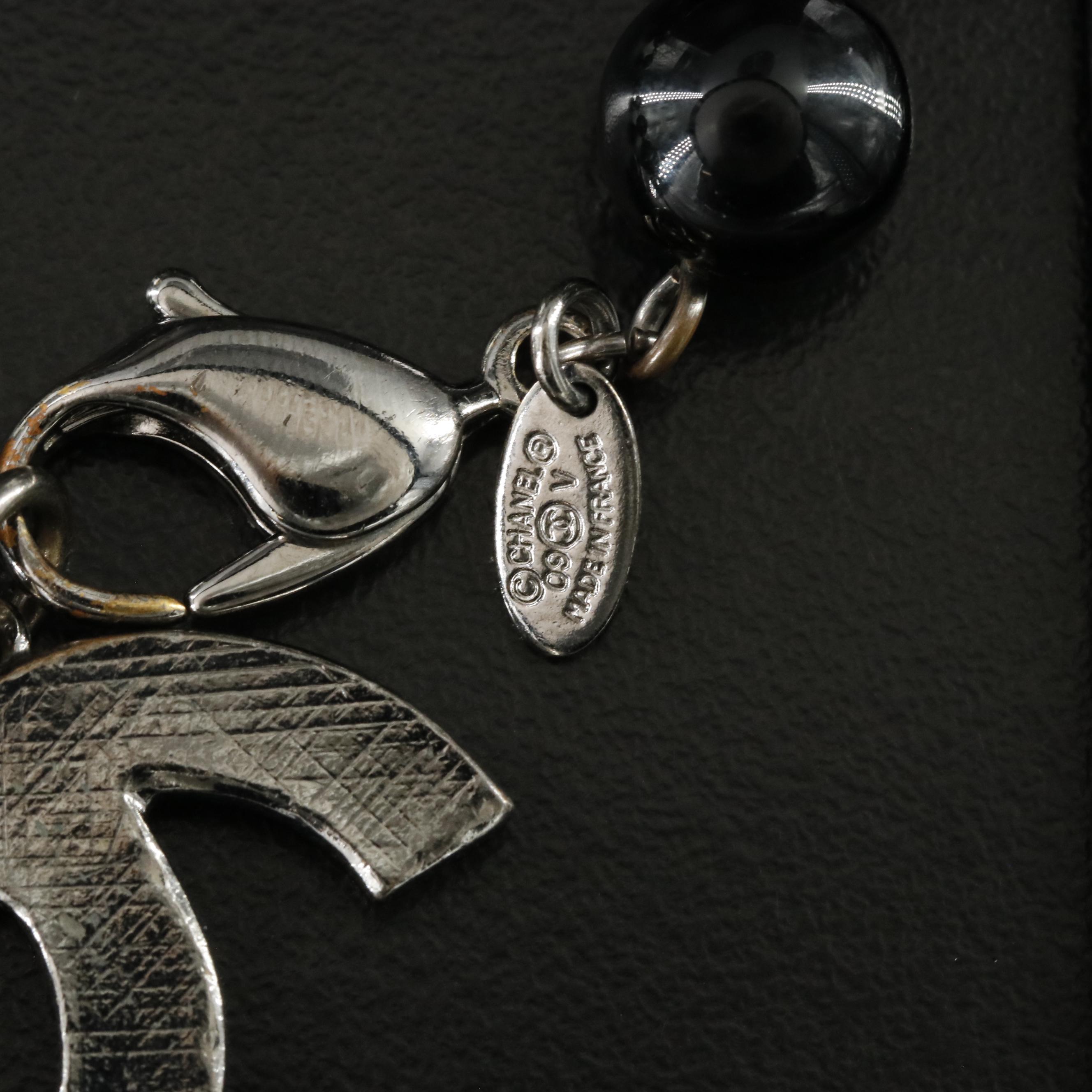 Chanel CC Gunmetal Glass and Faux Pearl Bracelet