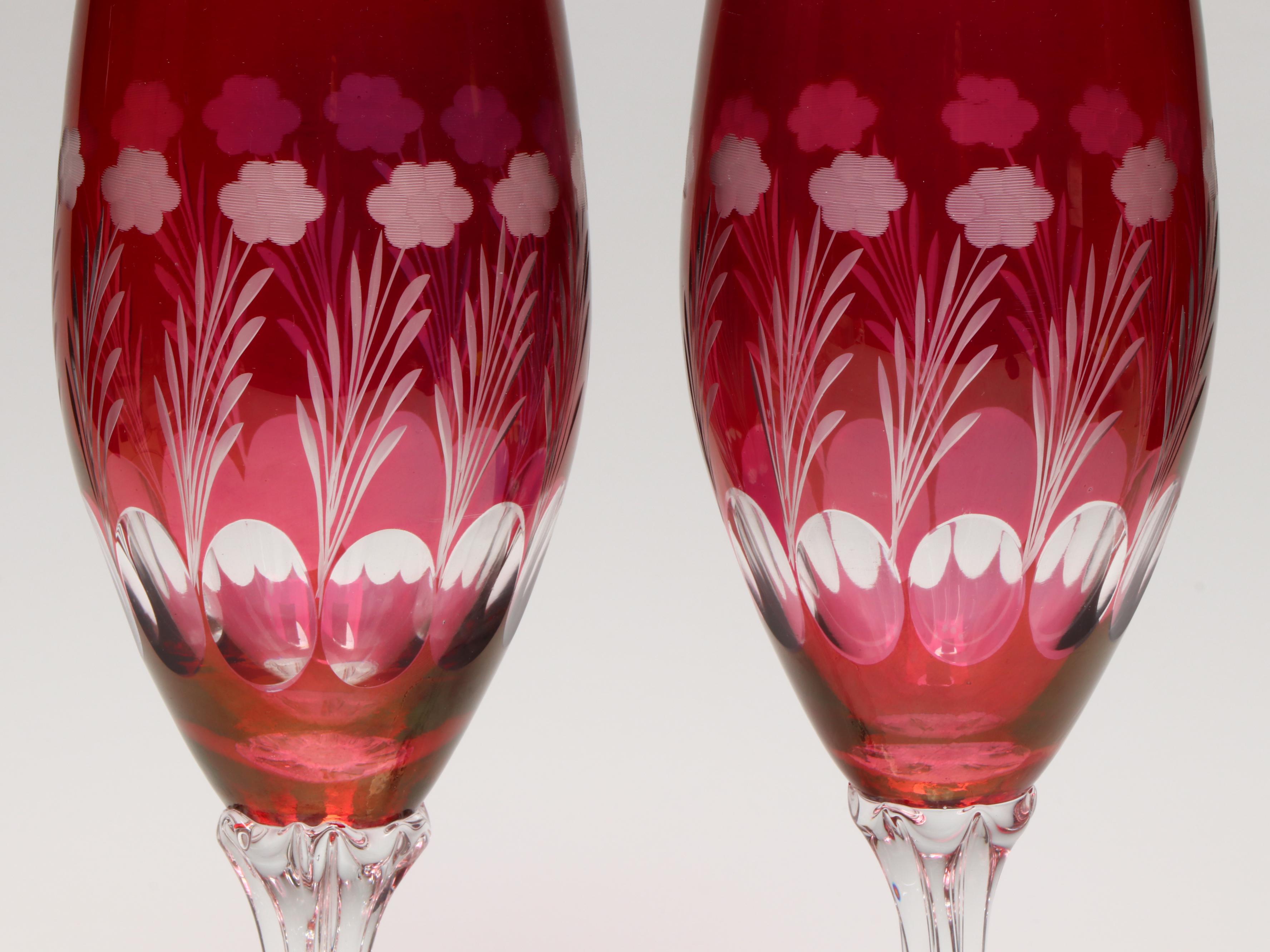 Etched Cranberry Glass Stemware, Hobnail Wine Coasters, and More Glass Décor