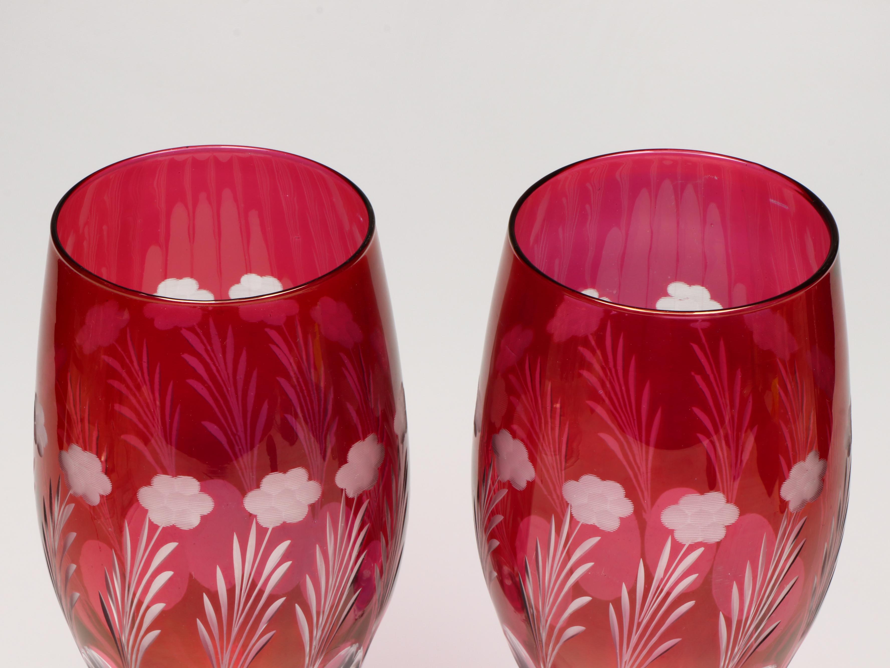 Etched Cranberry Glass Stemware, Hobnail Wine Coasters, and More Glass Décor